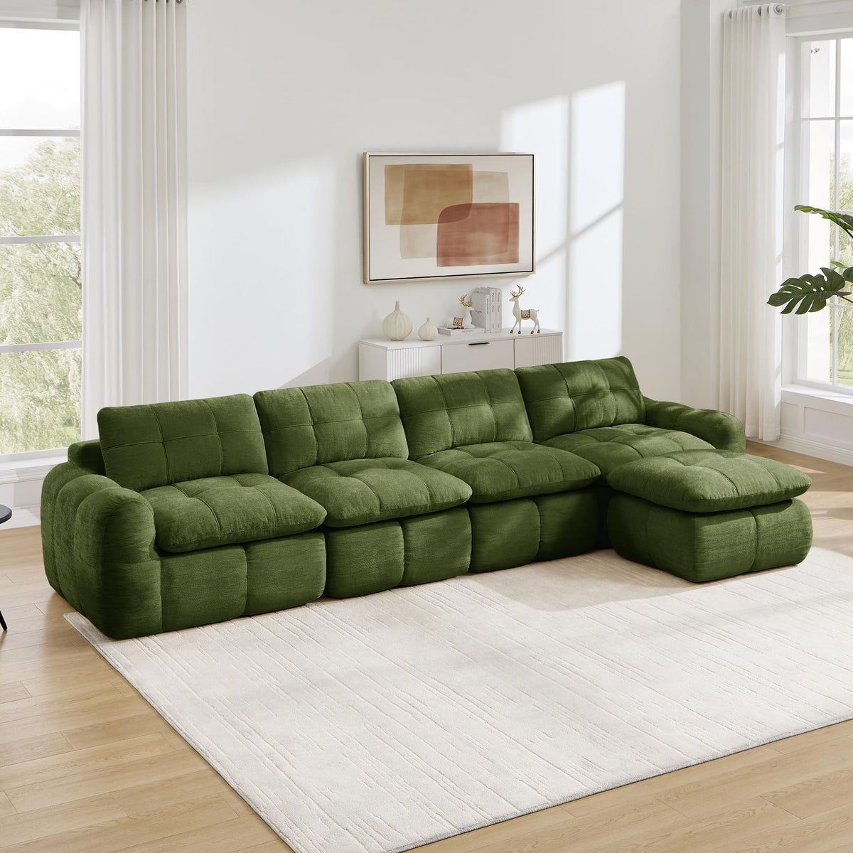 Sofá de 3 plazas con 1 taburete chenilla beige