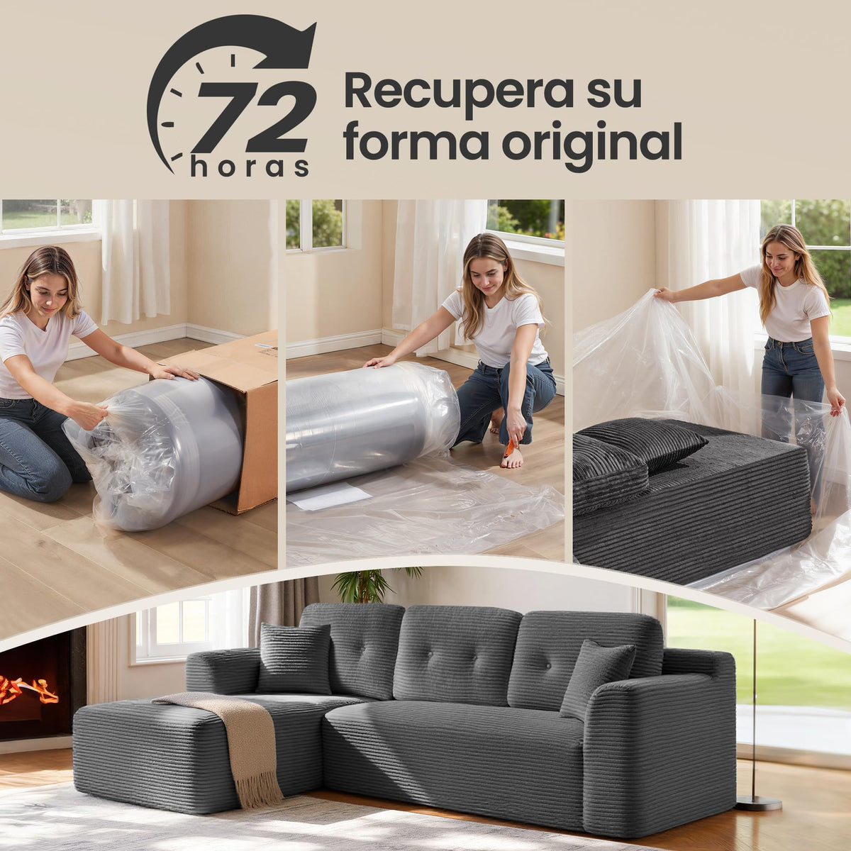 VASAGLE Sofá con Chaise Longue, Esquinero de Pana, Diseño Modular de 3 Plazas, 242 x 152 x 73 cm, Negro, para Salón, Colección Camila LCS183B101