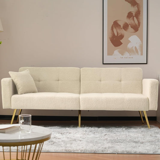 Sofá cama con esquinas ajustables, patas doradas, almohadas y bolsillos laterales para almacenamiento (Bavia)