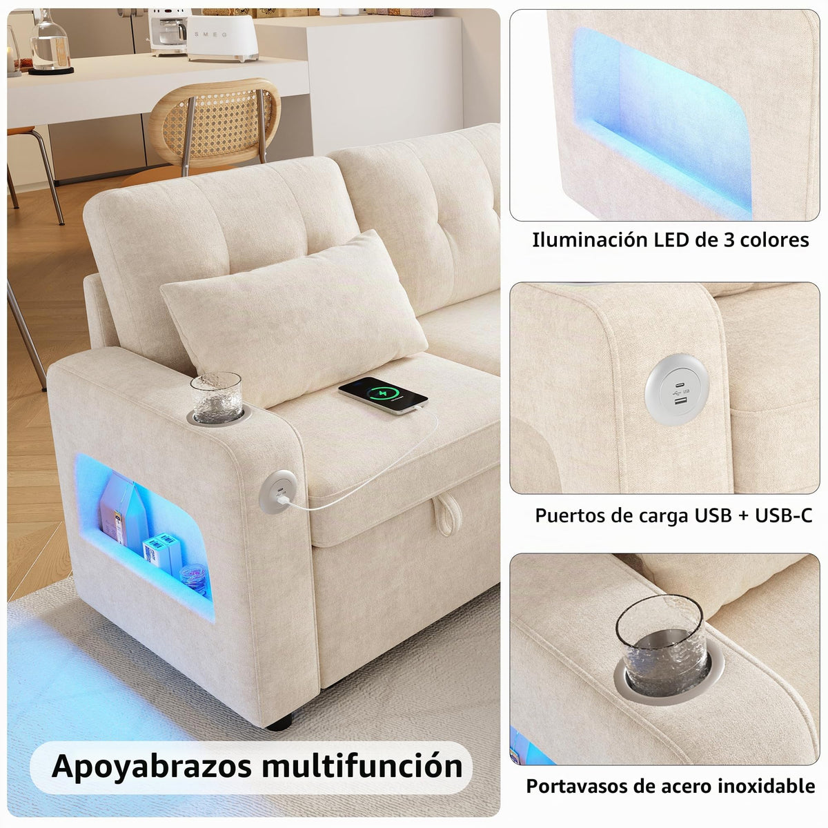 Sapgaks Sofá de esquina convertible de 6 plazas con USB, sofá convertible de 6 plazas, sofá de 6 plazas, en chenilla, con apoyabrazos en forma de librería, puf extraíble para configuraciones en L y en