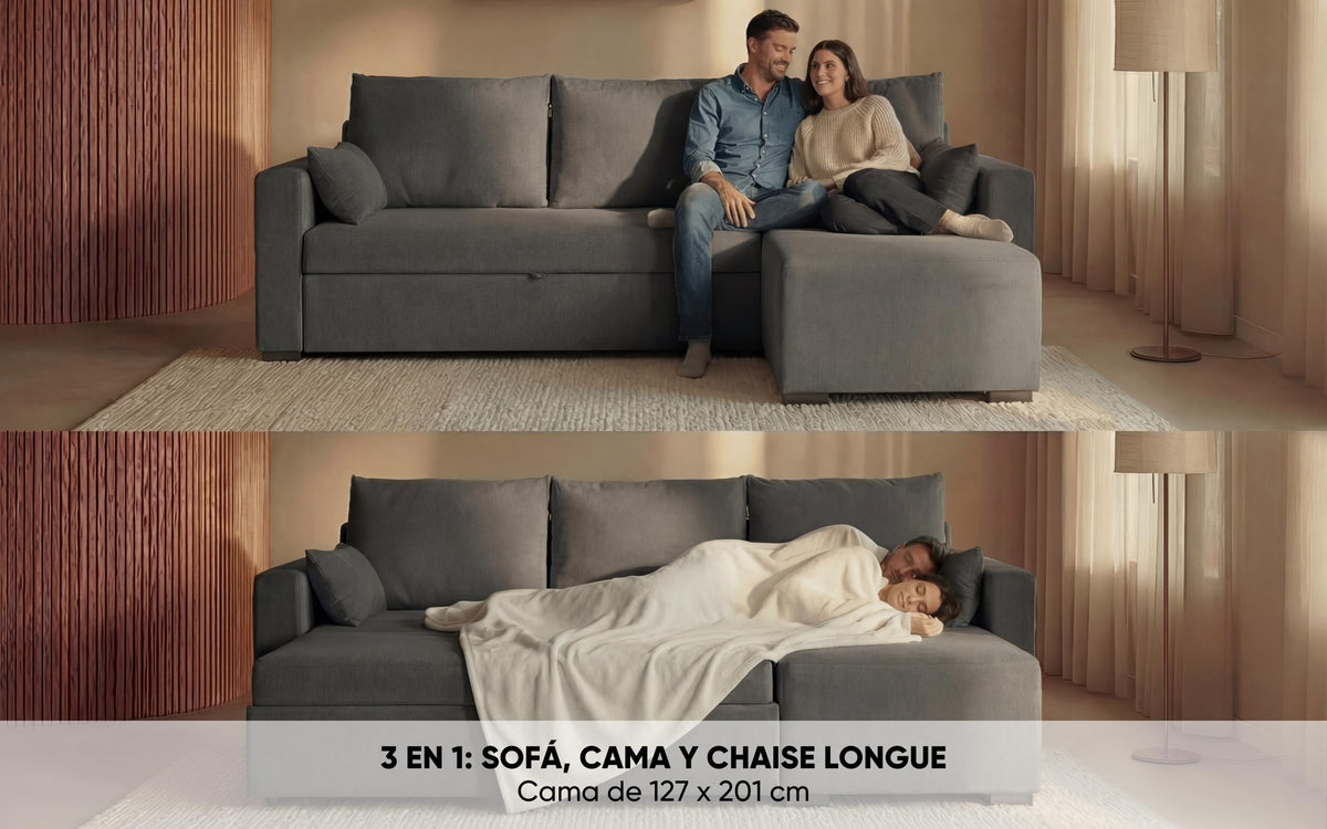 BUDWING Leah Sofá Cama Esquinero 3 Plazas - Chaise Longue Reversible y 2 Cojines Decorativos – Tapizado en Poliéster – Estilo Moderno – 233x124x69 cm – Gris Bicolor