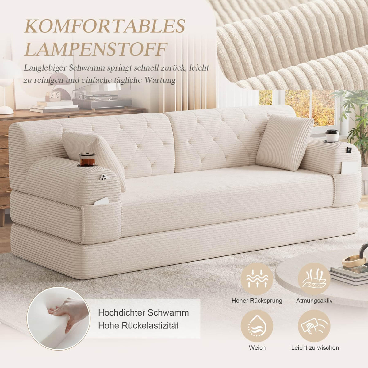 YEHTOKHOME - Sofá de Velor acanalado con respaldo alto y estructura metálica, sofá moderno de 2 plazas con 2 portavasos y 4 bolsillos laterales, para salón, dormitorio (Beige)