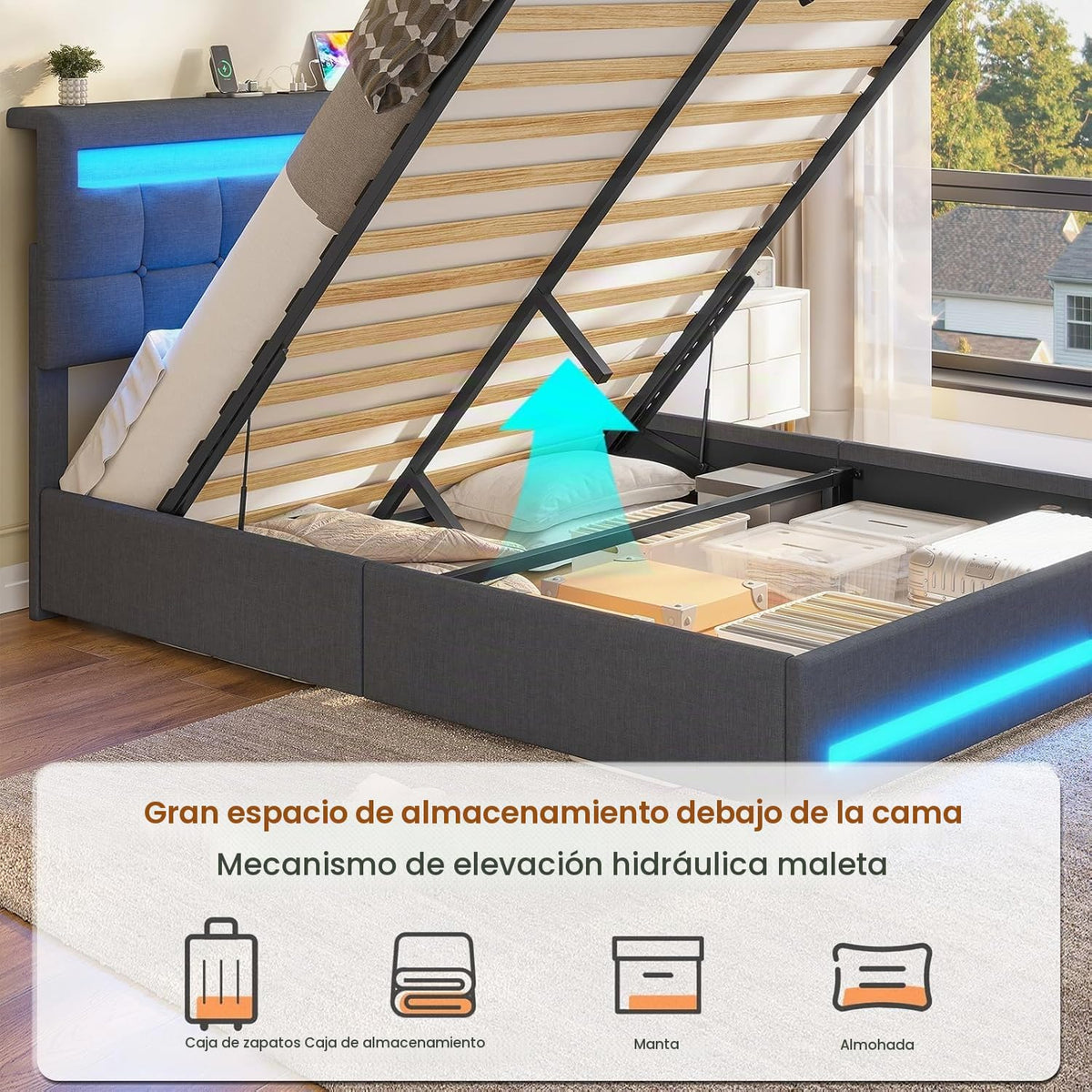 AOGLLATI Camas Matrimoniales 140x190 cm con Almacenamiento Hidráulico, Cama Canapé con Cabecero Ajustable, Estructura de Cama con Luces LED y Estación de Carga (USB y Tipo-C), Gris Oscuro