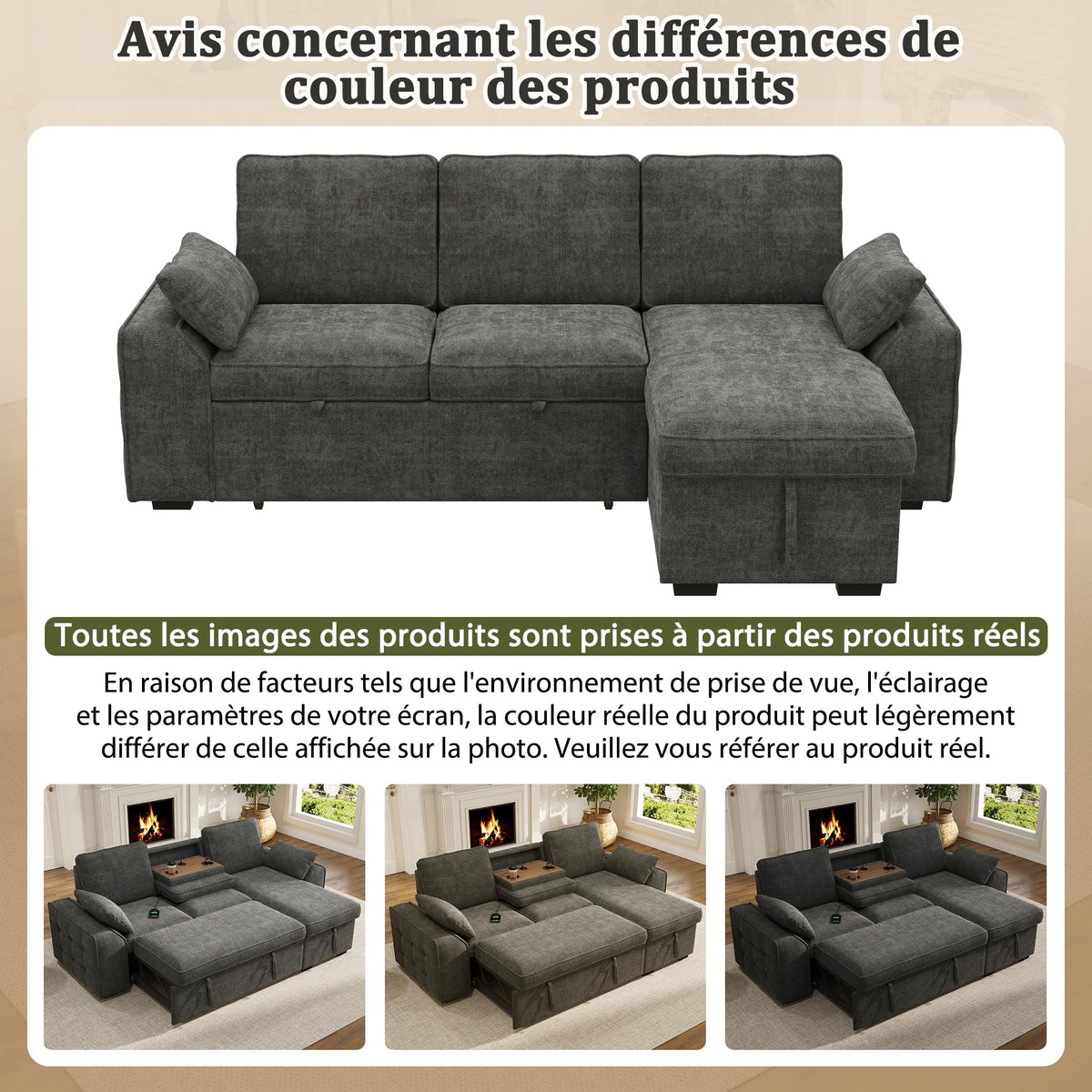 Sofá modular de 3 plazas con función cama extensible y USB/Type-C, sofá esquinero en forma de L con reposacabezas semifijos y compartimento de almacenamiento, sofás con chaise longue