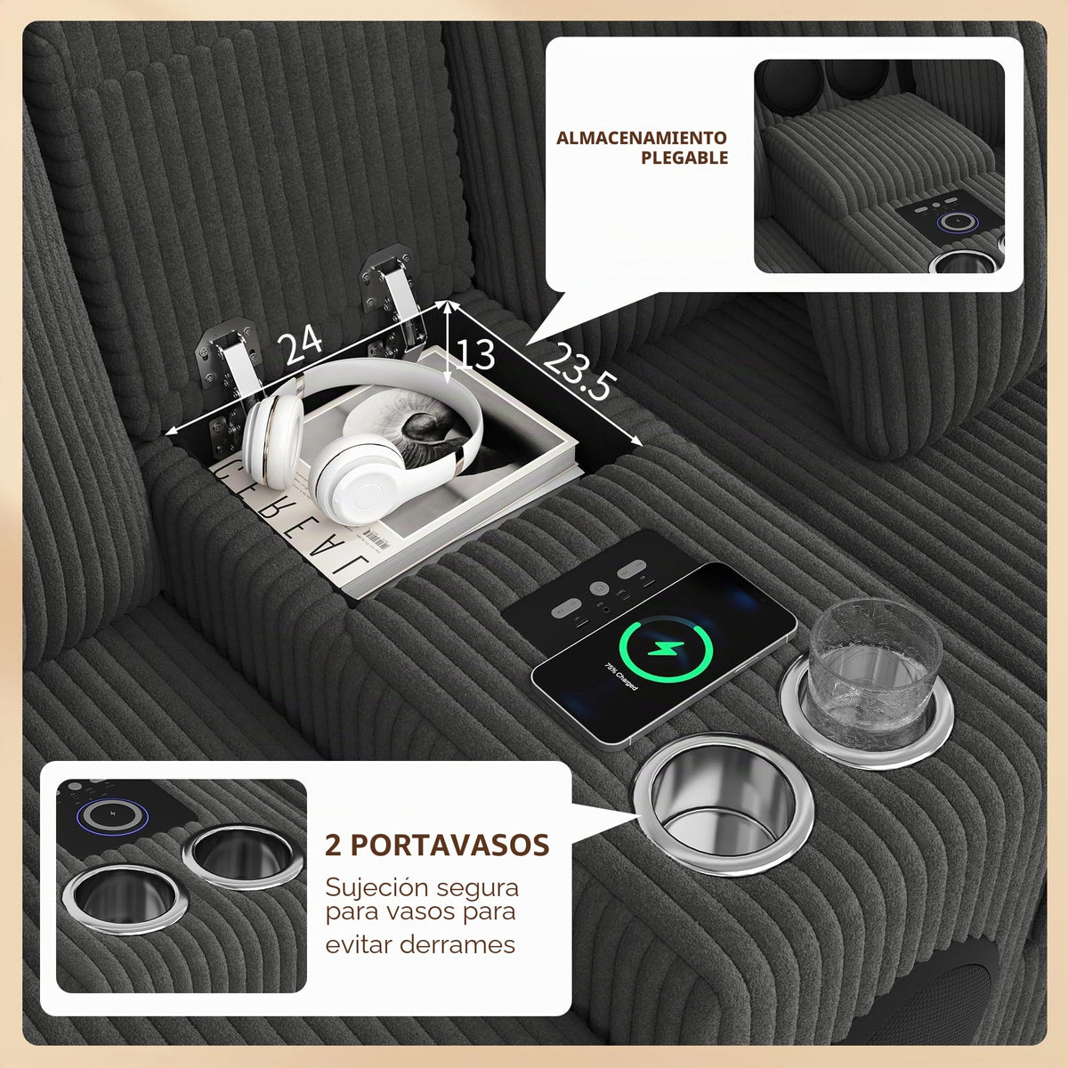 Sofá modular de 6 plazas, sofá esquinero en forma de L/U, puertos USB/tipo C, portavasos y espacio de almacenamiento, tela de chenilla, 7 cojines, salón, dormitorio y oficina, color beige