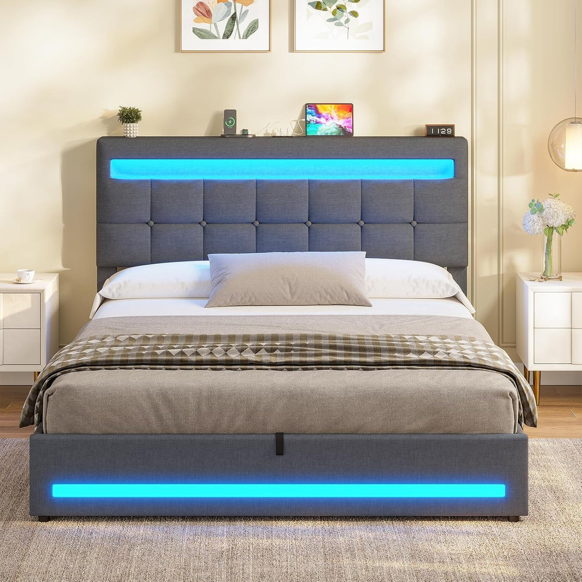 AOGLLATI Camas Matrimoniales 140x190 cm con Almacenamiento Hidráulico, Cama Canapé con Cabecero Ajustable, Estructura de Cama con Luces LED y Estación de Carga (USB y Tipo-C), Gris Oscuro