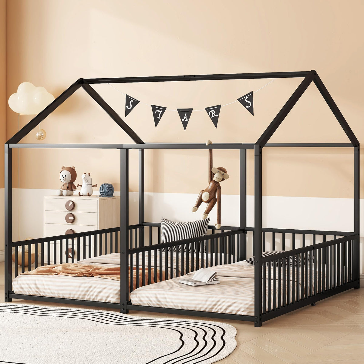 Cama infantil de 90 x 200 cm, dos camas de 90 cm con protección anticaídas, cama doble con modelado de casa, marco de hierro, color blanco, ideal para 2 niños