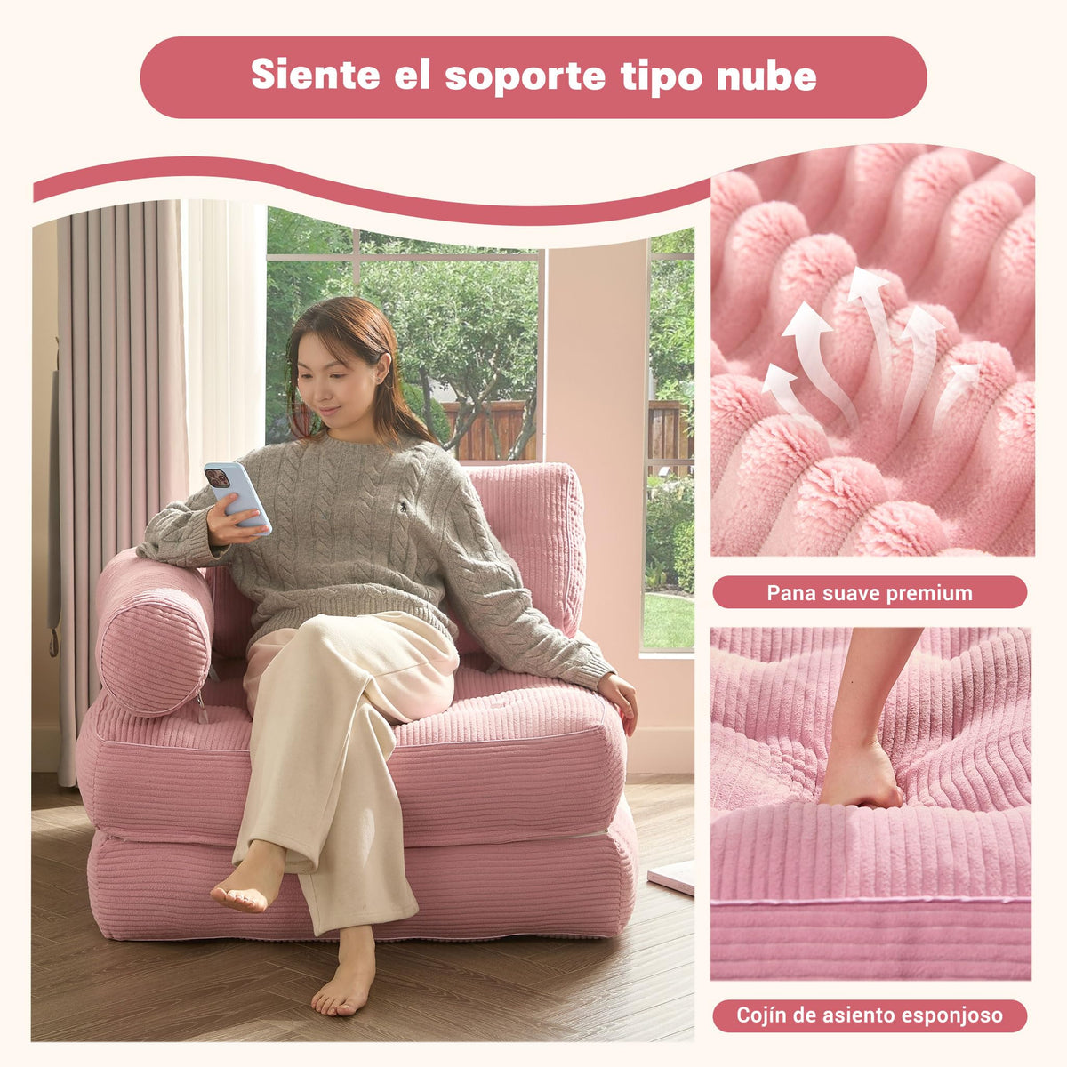 Sofá Convertible 4 en 1, Sofá Cama 1 Plaza, Pana, Negro