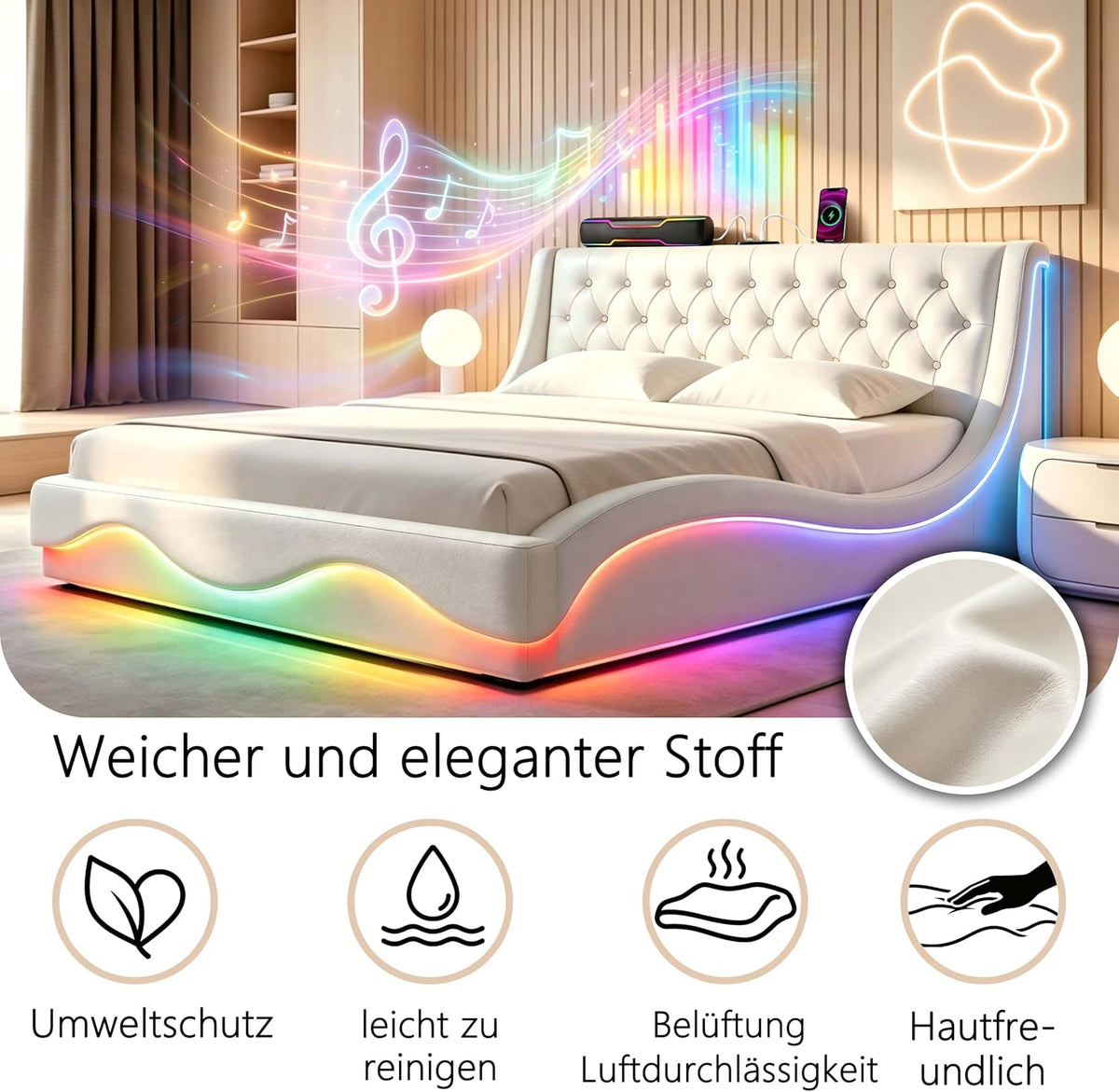 Armazón de Cama de Cuero 140x200cm con luz LED, Blanco