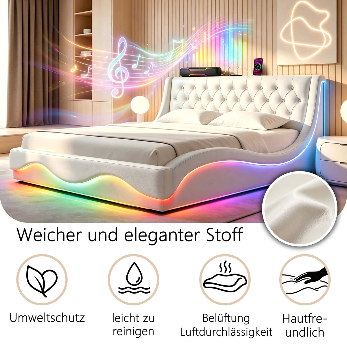 Armazón de Cama de Cuero 140x200cm con luz LED, Blanco