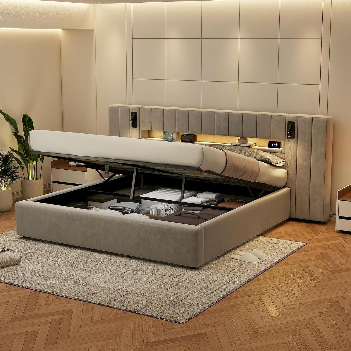 Cama 180x200 cm Camas Matrimoniales con LED y Lámpara de Noche, Cama Doble Tapizada con USB y Cabecero Ancho, Almacenaje Hidráulico, Soporte de Lamas de Madera, Terciopelo, Sin Colchón, Gris