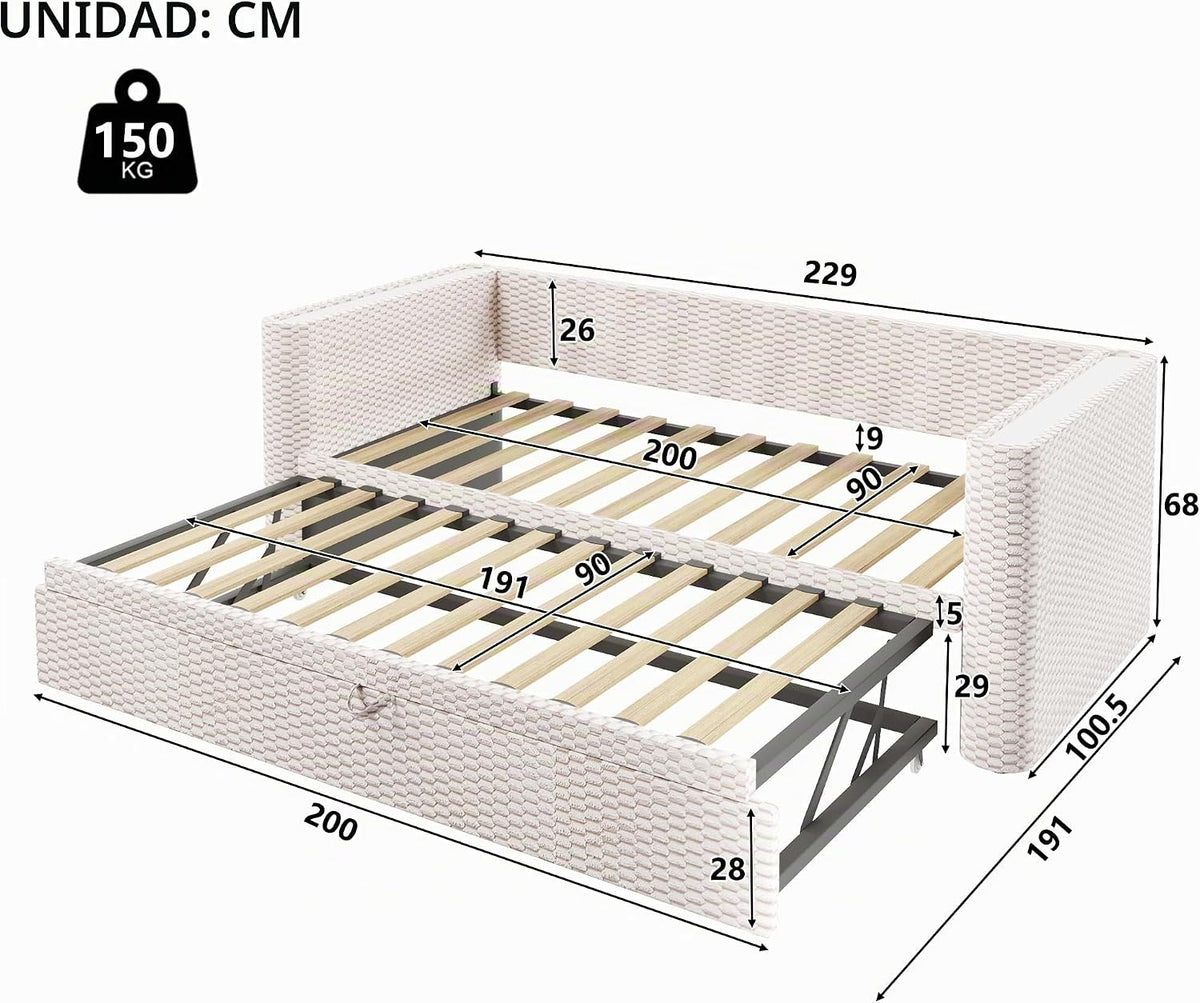 Moimhear Cama de día, diván cama, sofá cama, diseño de cama extensible multifuncional con tira de luz LED, somier de listones (sin colchón), terciopelo (beis, 90 x 200 cm+180 x 200 cm)