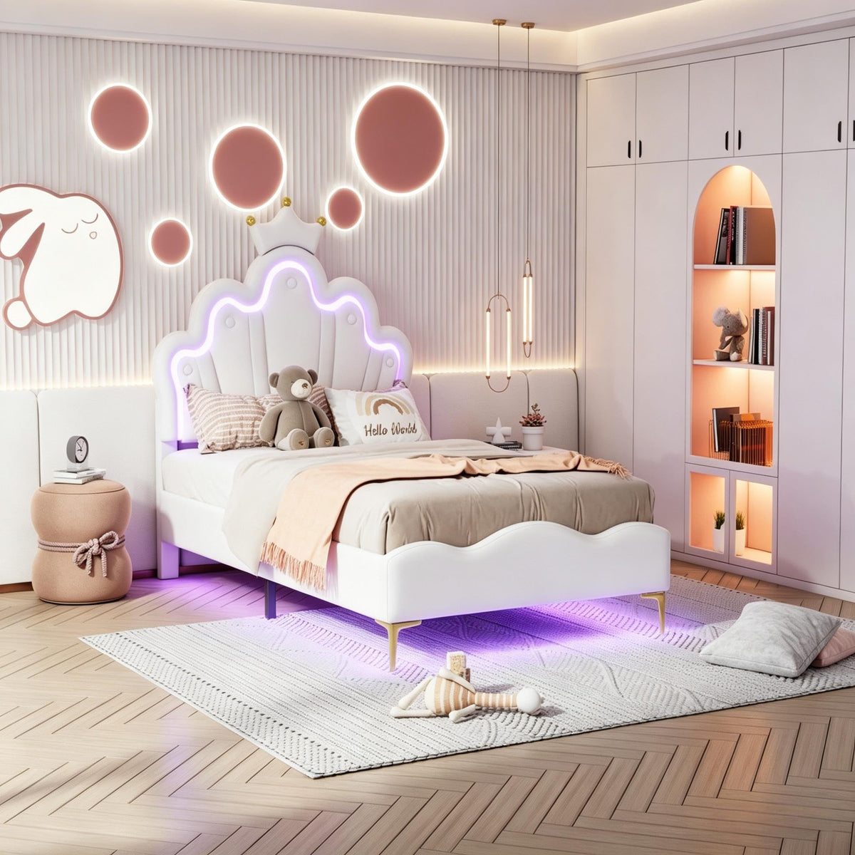 Cama Infantil tapizada 140 x 200 cm con LED, Cama tapizada para niños 140 x 200 con cabecera Ajustable Marco de Camas, Camas de Princesa para Niña en Forma de Corona con Somier(Rosa, 140 x 200)