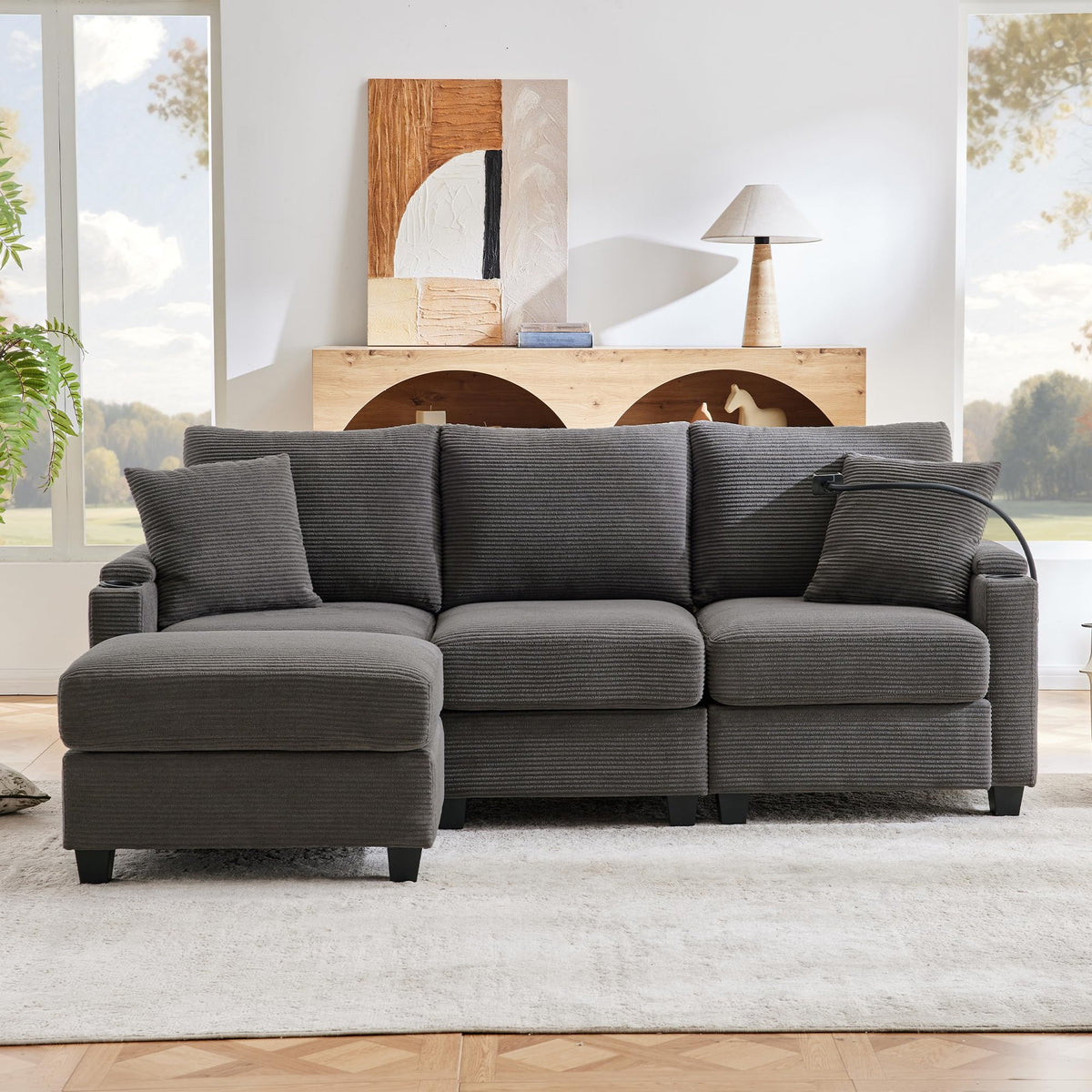Sofá modular de 6 plazas, sofá esquinero en forma de L/U, puertos USB/tipo C, portavasos y espacio de almacenamiento, tela de chenilla, 7 cojines, salón, dormitorio y oficina, color beige