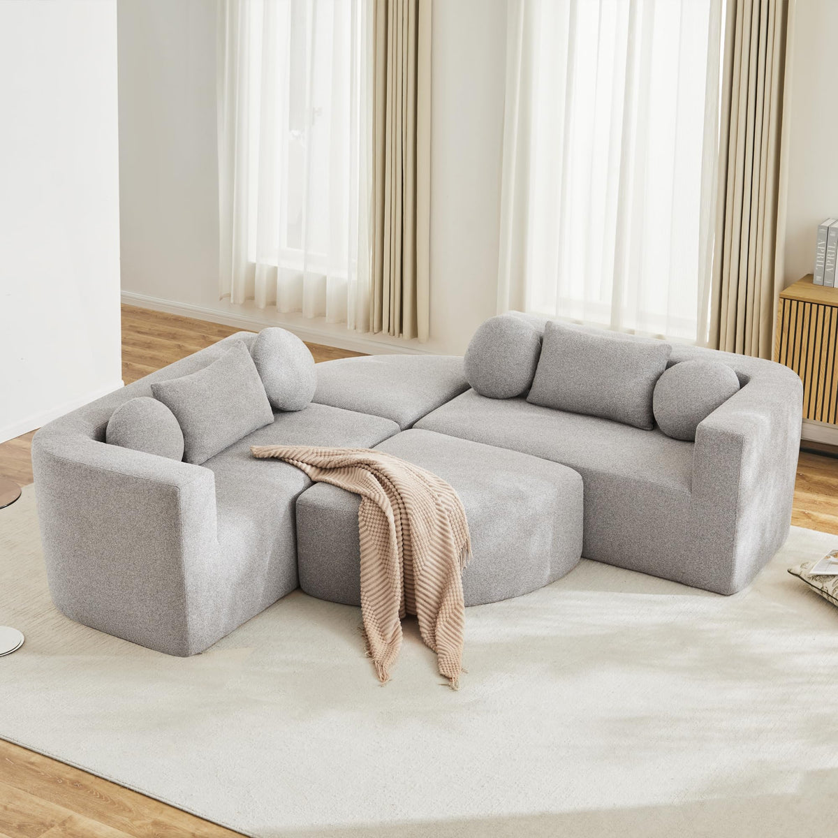 LAKFEW Sofa Cama con Cama Extensible y Taburete Almacenaje, Sofa Rinconera con USB, Lámpara de Lectura, Mesa Plegable con 2 Posavasos, 205x205x85 cm, Gris