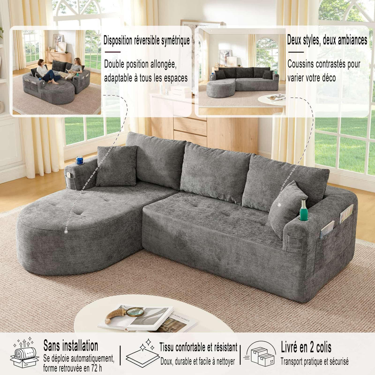 KOMHTOM Sofá Chaise Longue en L con Cojines (Negro)