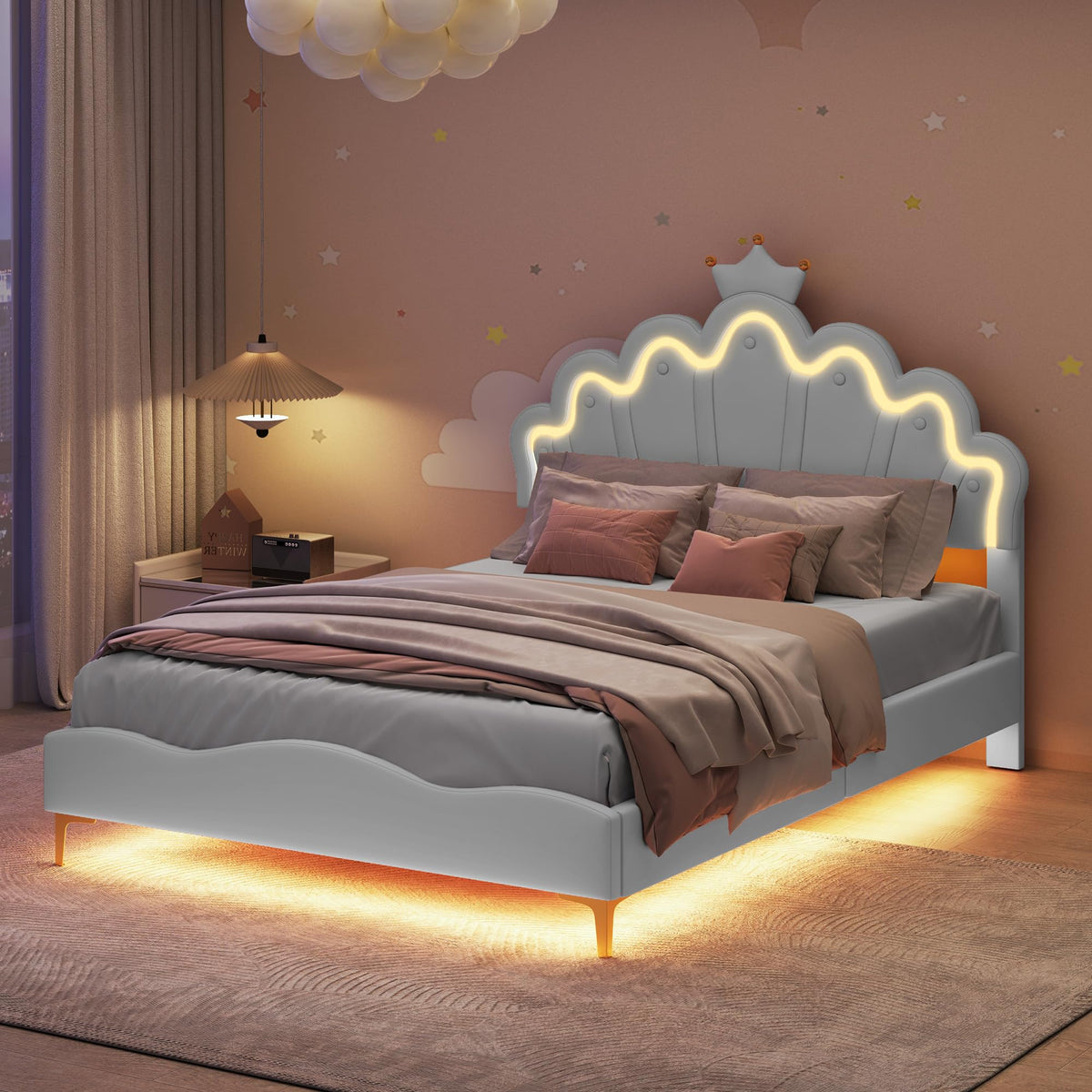 Cama Infantil tapizada 140 x 200 cm con LED, Cama tapizada para niños 140 x 200 con cabecera Ajustable Marco de Camas, Camas de Princesa para Niña en Forma de Corona con Somier(Rosa, 140 x 200)