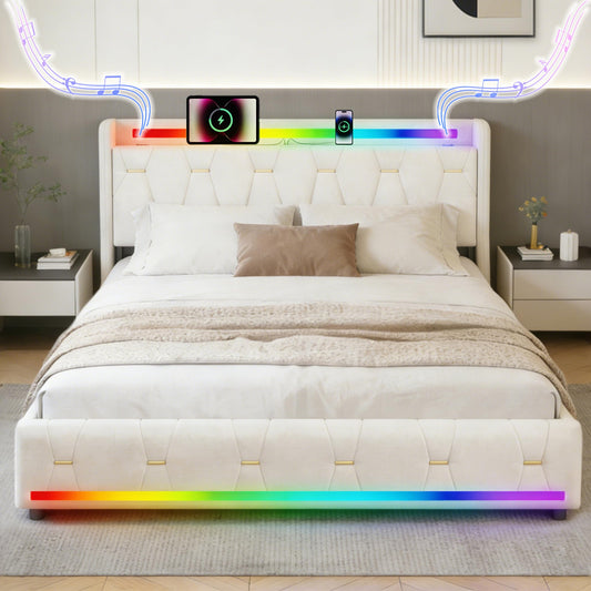 Estructura de Cama 140x200 cm con iluminación LED, Lino, Gris