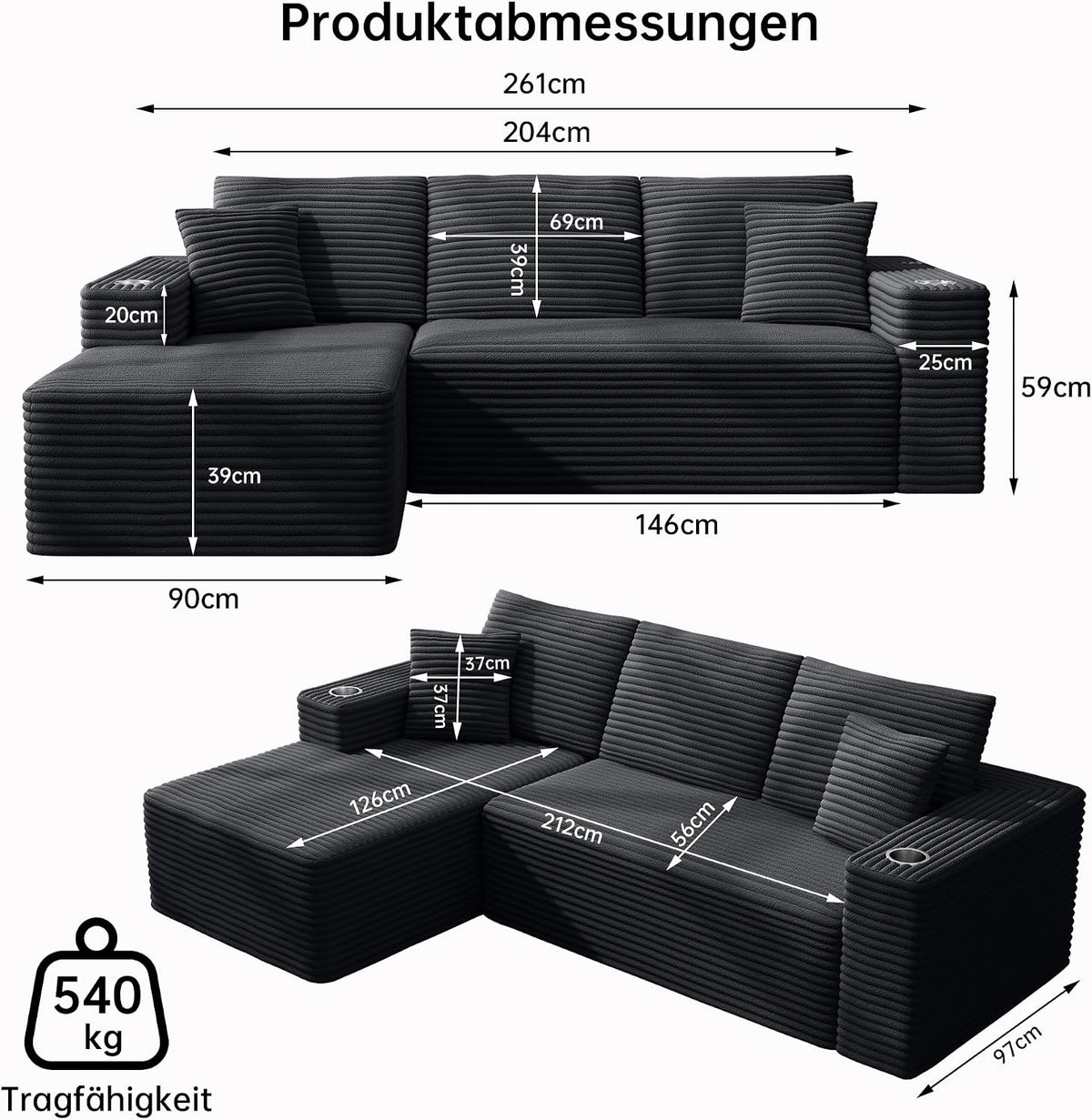 Sofa Modular sofás Comprimidos al vacío, Sofa Cama Chaise Longue 102 inch/261cm Sofá de Suelo Modular sin Estructura con Función de Dormir, Sofá para Salón o Apartamento, Negro
