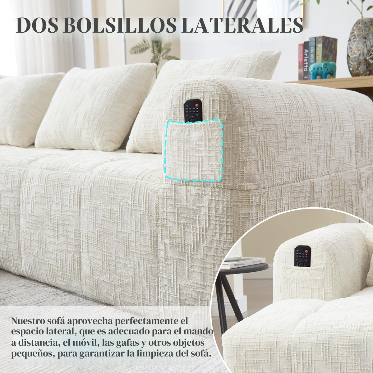 Soweiz Sofá L, seccional de 3 plazas, sofá con chaise longue y reposabrazos, 3 cojines, bolsillo lateral para mando a distancia, 250 x 158 x 60 cm