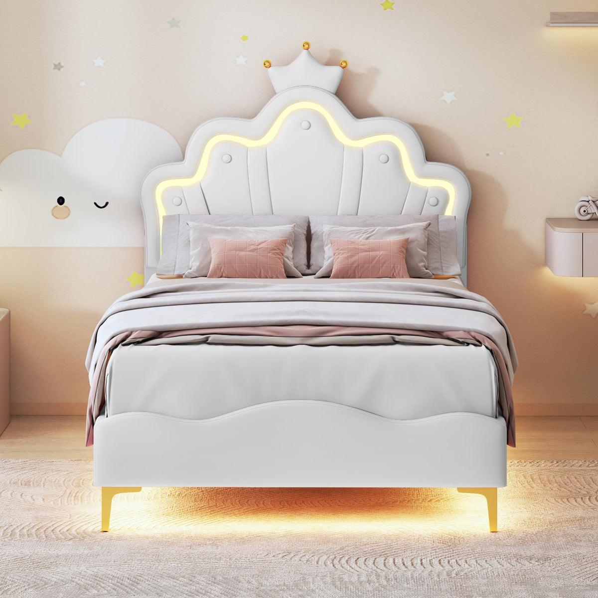 LIVLUX Cama Tapizada 90 x 200 cm, Cama Princesa con Cabezal LED Ajustable y Somier de Lamillas, Cama para Niña, Diseño en Forma de Corona para Niños y Adolescentes (Rosa, 90 x 200 cm)