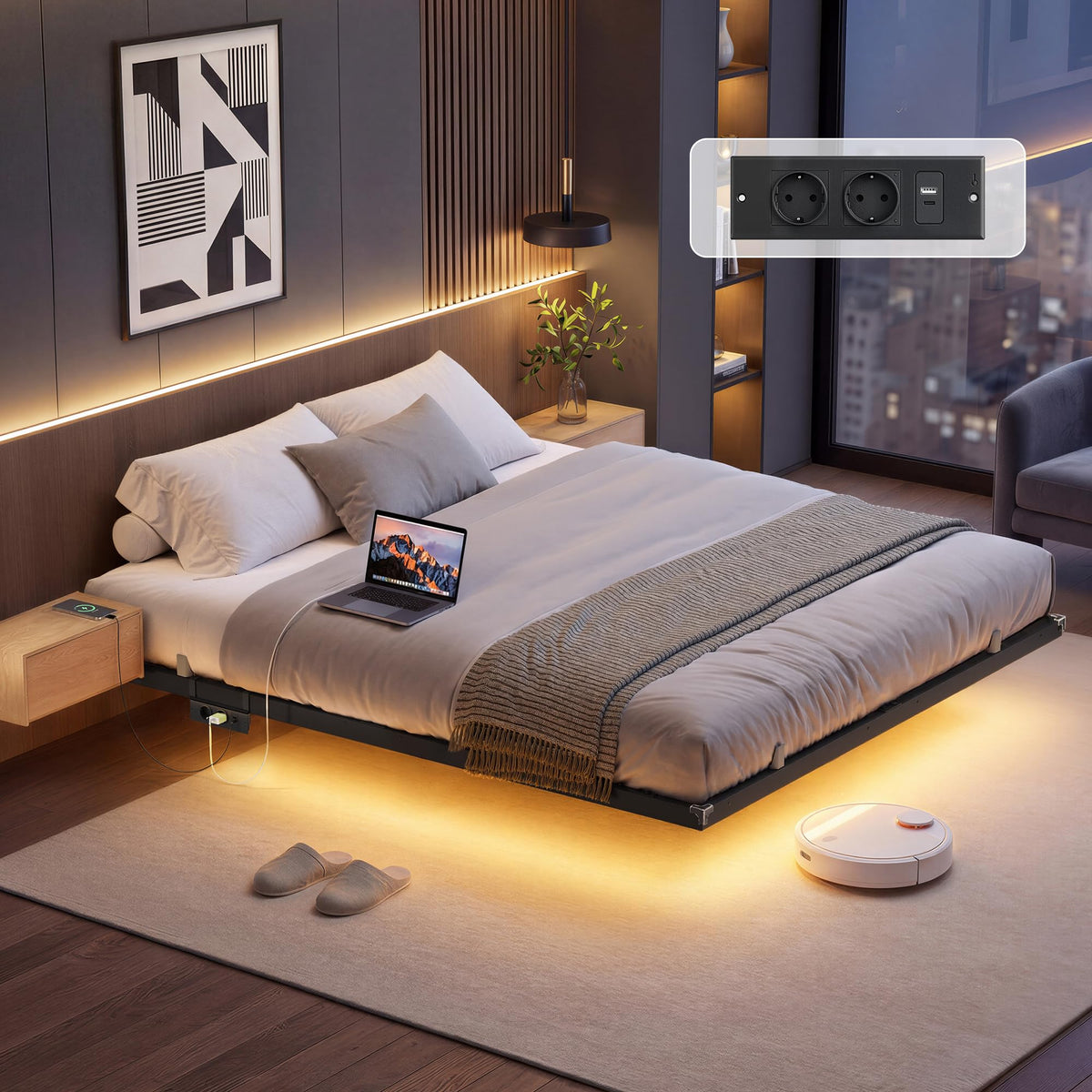 VASAGLE Marco de Cama Flotante, 140 x 200 cm, LED, 2 Tomas y 3 USB