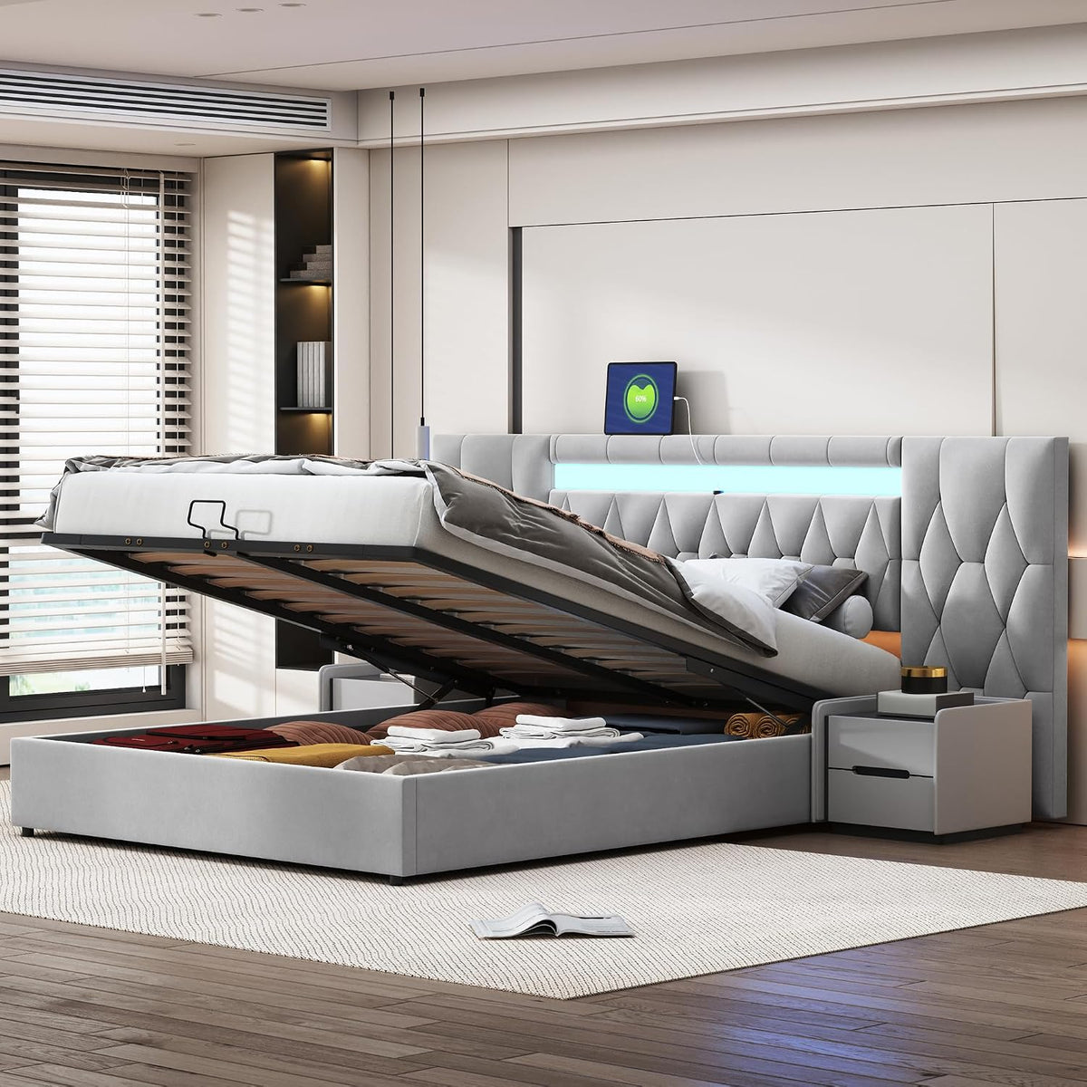 Elegante cama tapizada de 160 x 200 cm, con respaldo grande, cama de terciopelo con LED y enchufe USB, cama clásica, sistema de almacenamiento hidráulico (gris)