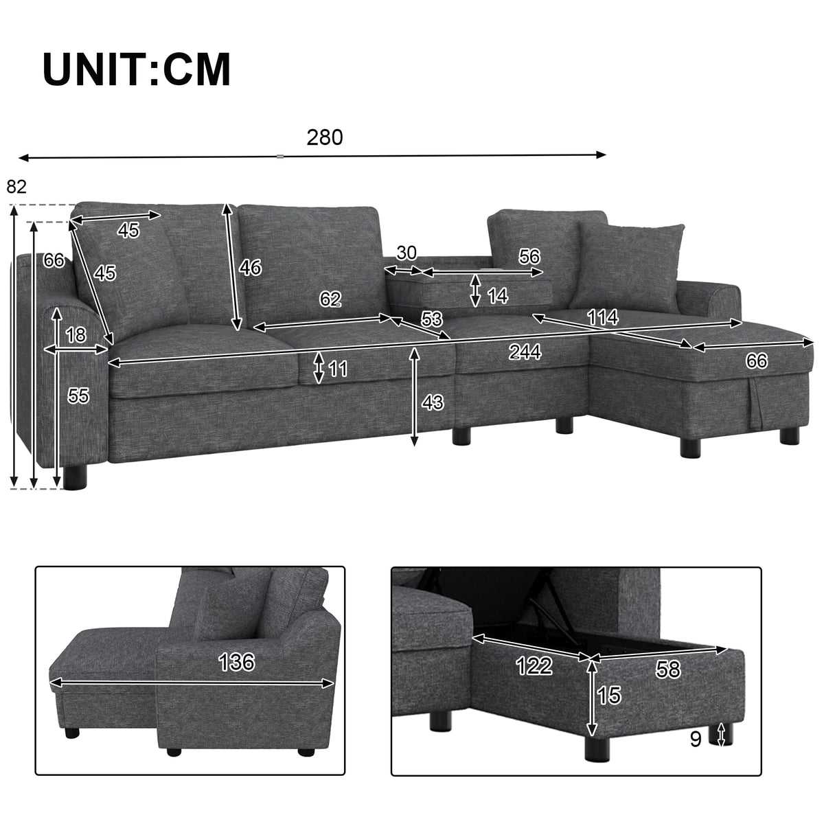Sofá moderno de chenilla en forma de U con chaise longue, sofá esquinero de 4 plazas con espacio de almacenamiento, puerto USB y tipo C, modular, con soporte para bebidas y cojines suaves