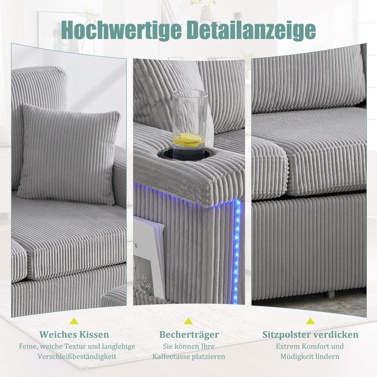 Dolamaní Sofá de terciopelo de 3 plazas con 2 cajones, soporte para bebidas, bolsillos laterales y reposapiés para sala de estar, dormitorio y oficina (beige)