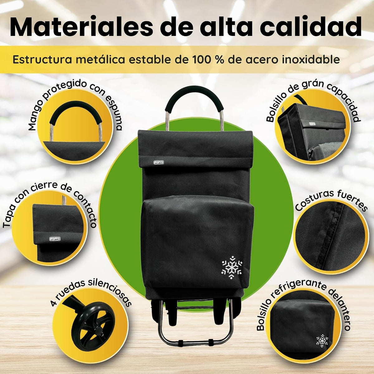 Carro de la Compra de 50L con Compartimento Refrigerante | Carrito Compra de 4 y 2 Ruedas Ideal para Supermercado (Requiere Montaje)