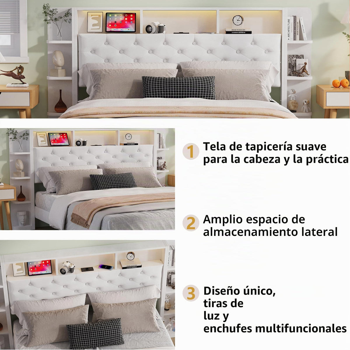 BRILVERDE Cama Tapizada 160x200 con Almacenamiento, Cama matrimonial con cajones, Cama Nido con LED, Cabecero Acolchado y Base de Láminas, Terciopelo (Beige, 160 x 200 cm)