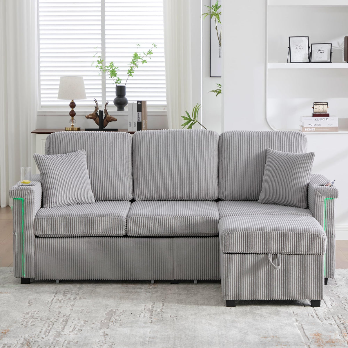 Lubvtti Sofá cama de 3 plazas moderno con función de cama, con espacio de almacenamiento, cargador USB, reposabrazos portaobjetos y 2 cojines, sofá de esquina en L, sofá de 3 plazas, chenilla (C-gris)