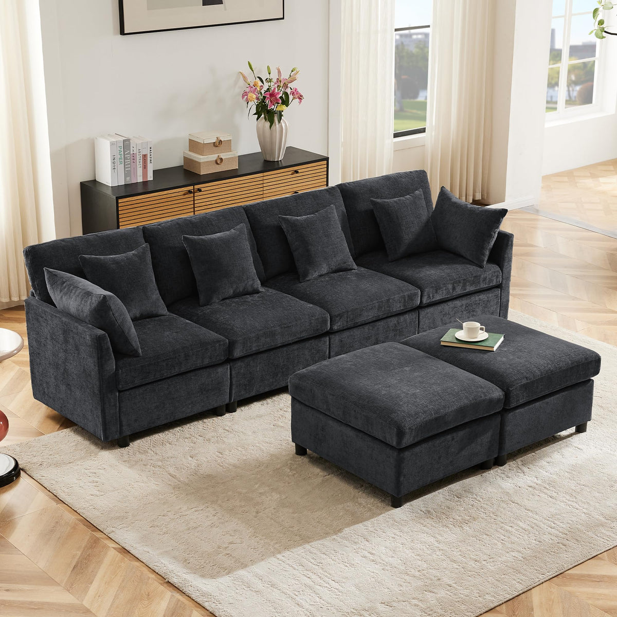 Sofá modular de 6 plazas, sofá esquinero en forma de L/U, puertos USB/tipo C, portavasos y espacio de almacenamiento, tela de chenilla, 7 cojines, salón, dormitorio y oficina, color beige