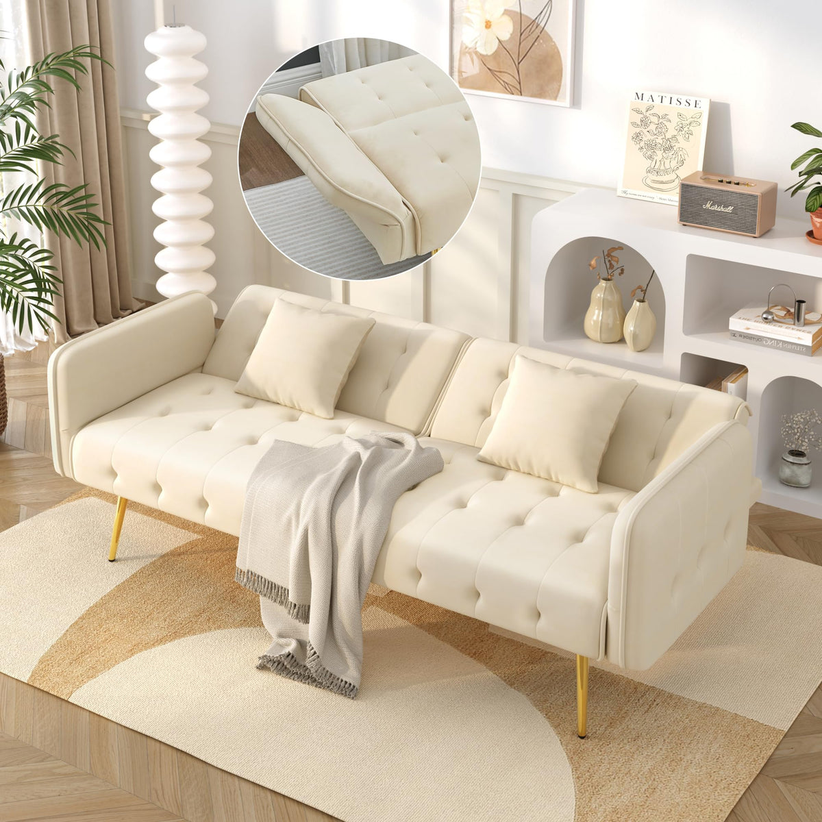 Sofá cama con esquinas ajustables, patas doradas, almohadas y bolsillos laterales para almacenamiento (Bavia)
