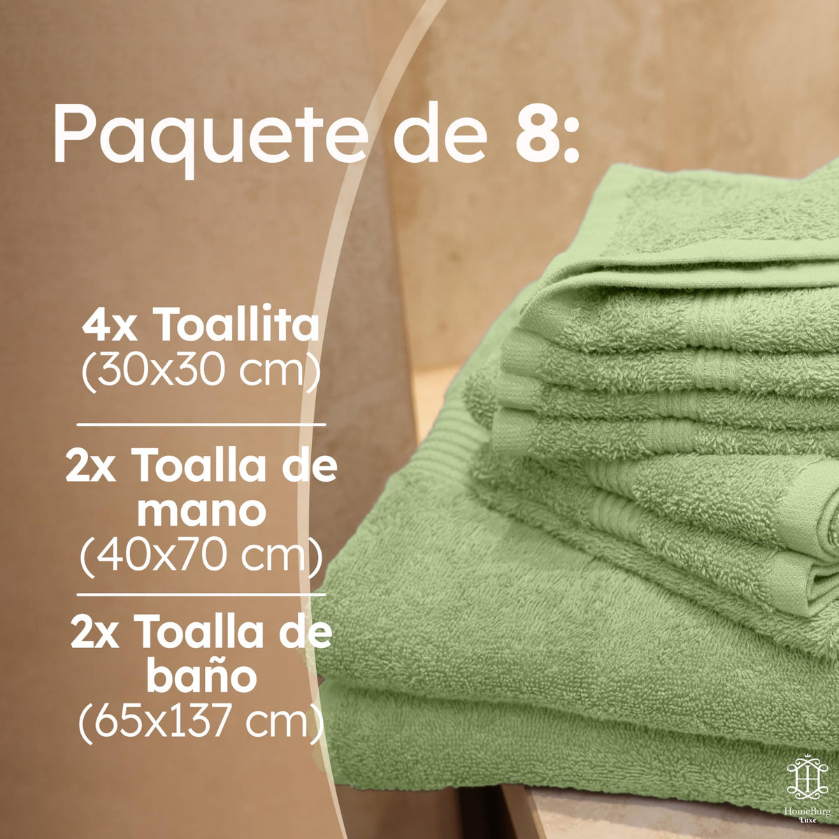 Luxe Set de Toallas 100% Algodón - 8 Piezas, 3 tamaños (30×30, 40×70 y 65×137 cm) - Suaves, absorbentes y de fácil Cuidado, Blanco