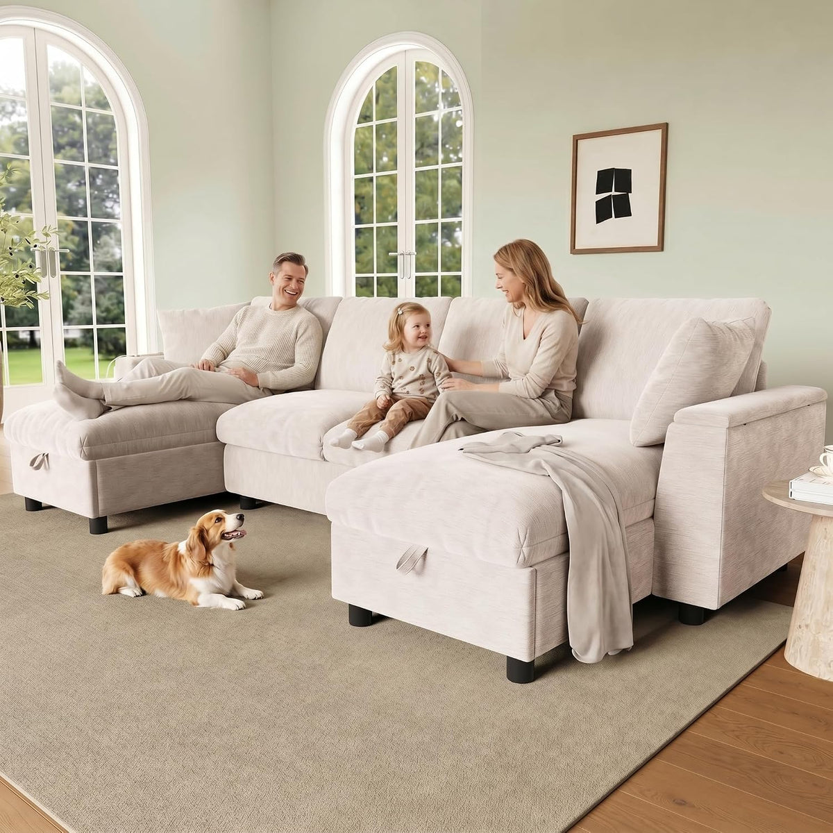 Sofá moderno de chenilla en forma de U con chaise longue, sofá esquinero de 4 plazas con espacio de almacenamiento, puerto USB y tipo C, modular, con soporte para bebidas y cojines suaves
