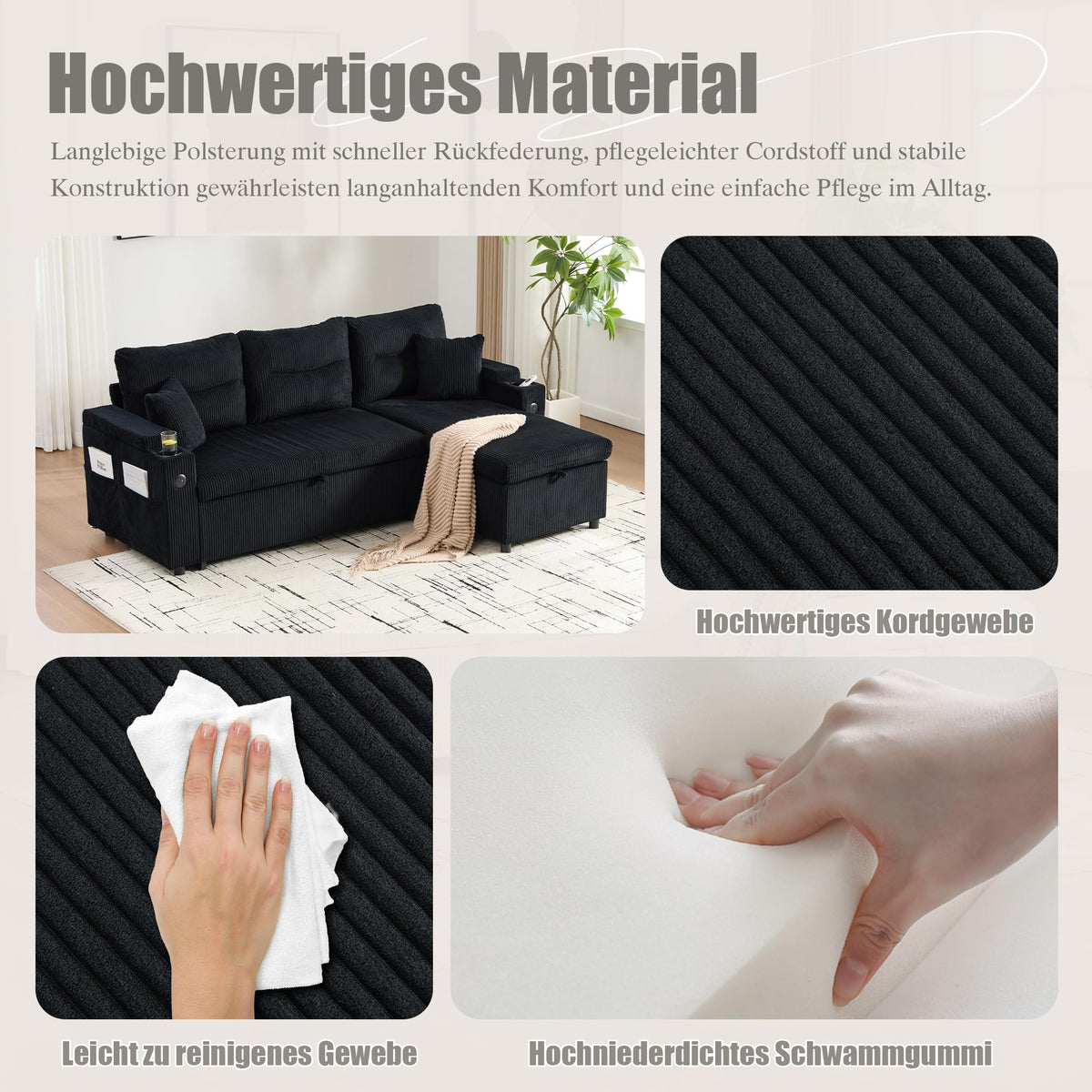 Dolamaní Sofá moderno de 4 plazas de tela de lino con espacio de almacenamiento y función de dormir, sofá cama con cajonera extensible en forma de L para casa y salón (beige B)