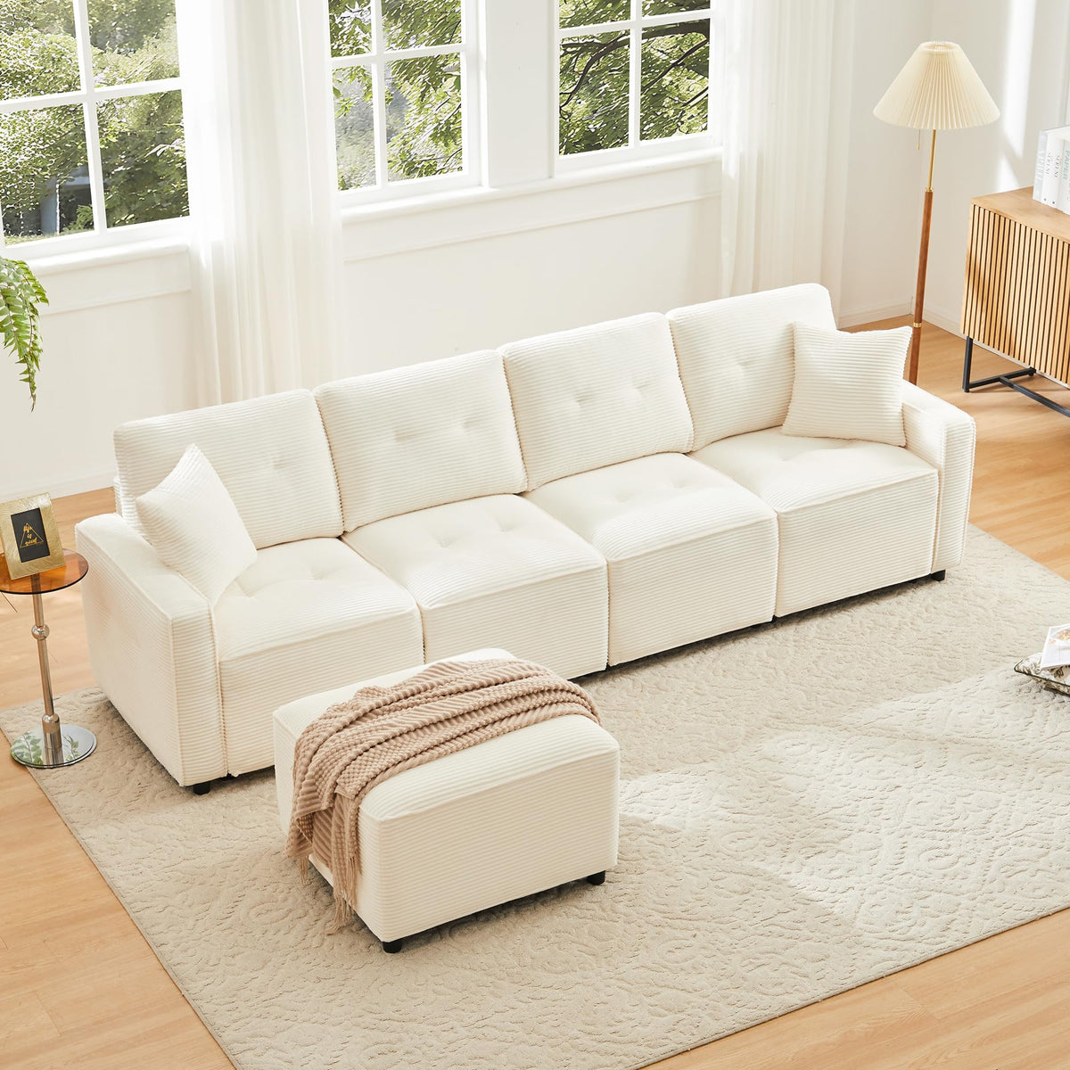LAKFEW Sofa Cama con Cama Extensible y Taburete Almacenaje, Sofa Rinconera con USB, Lámpara de Lectura, Mesa Plegable con 2 Posavasos, 205x205x85 cm, Gris