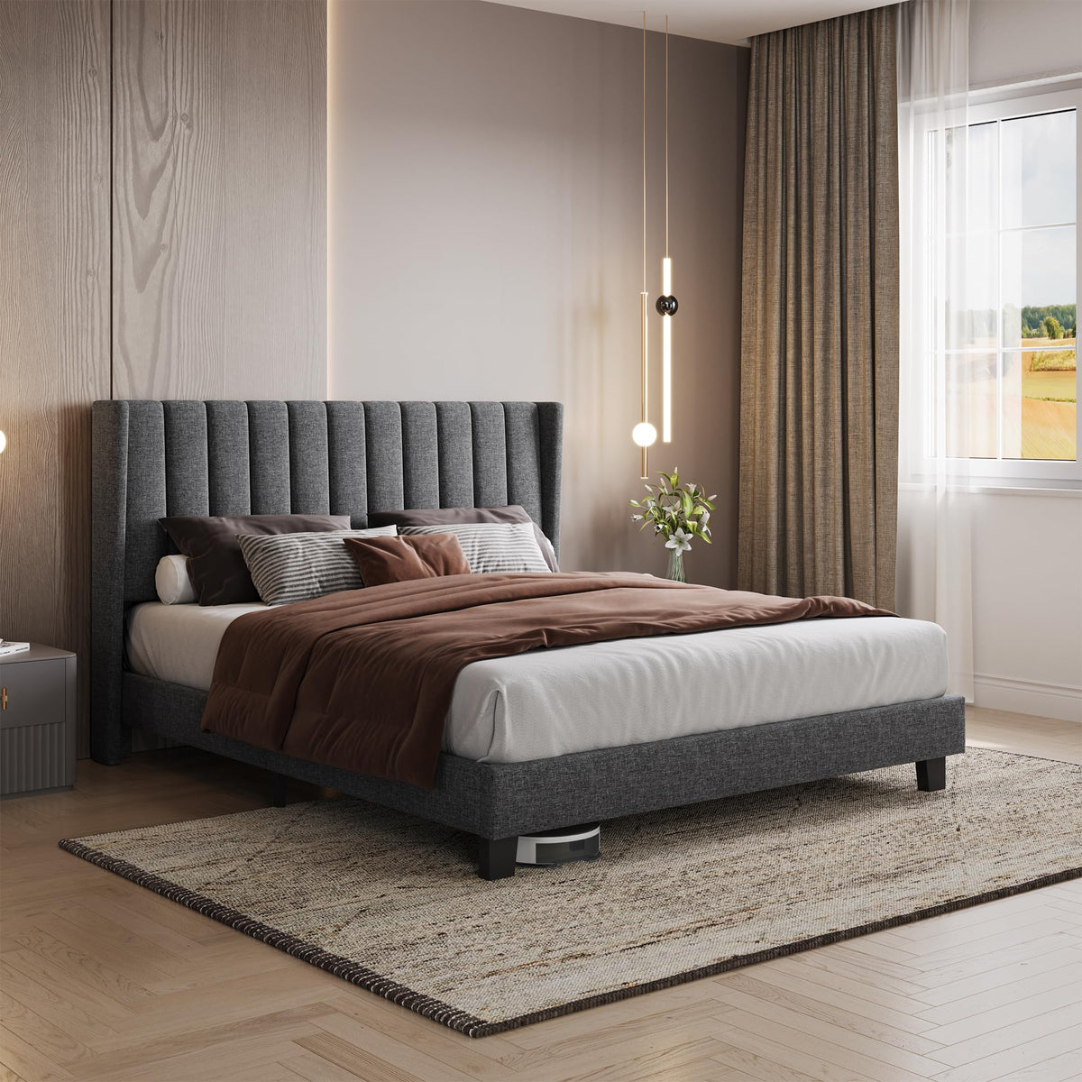 Yaheetech Cama Doble Tapizada 140 x 200cm con Somier de Lamas con Cabecero Rayado Moderno Estructura de Madera y Metal Marco de Cama para Adultos 2 Personas Beige