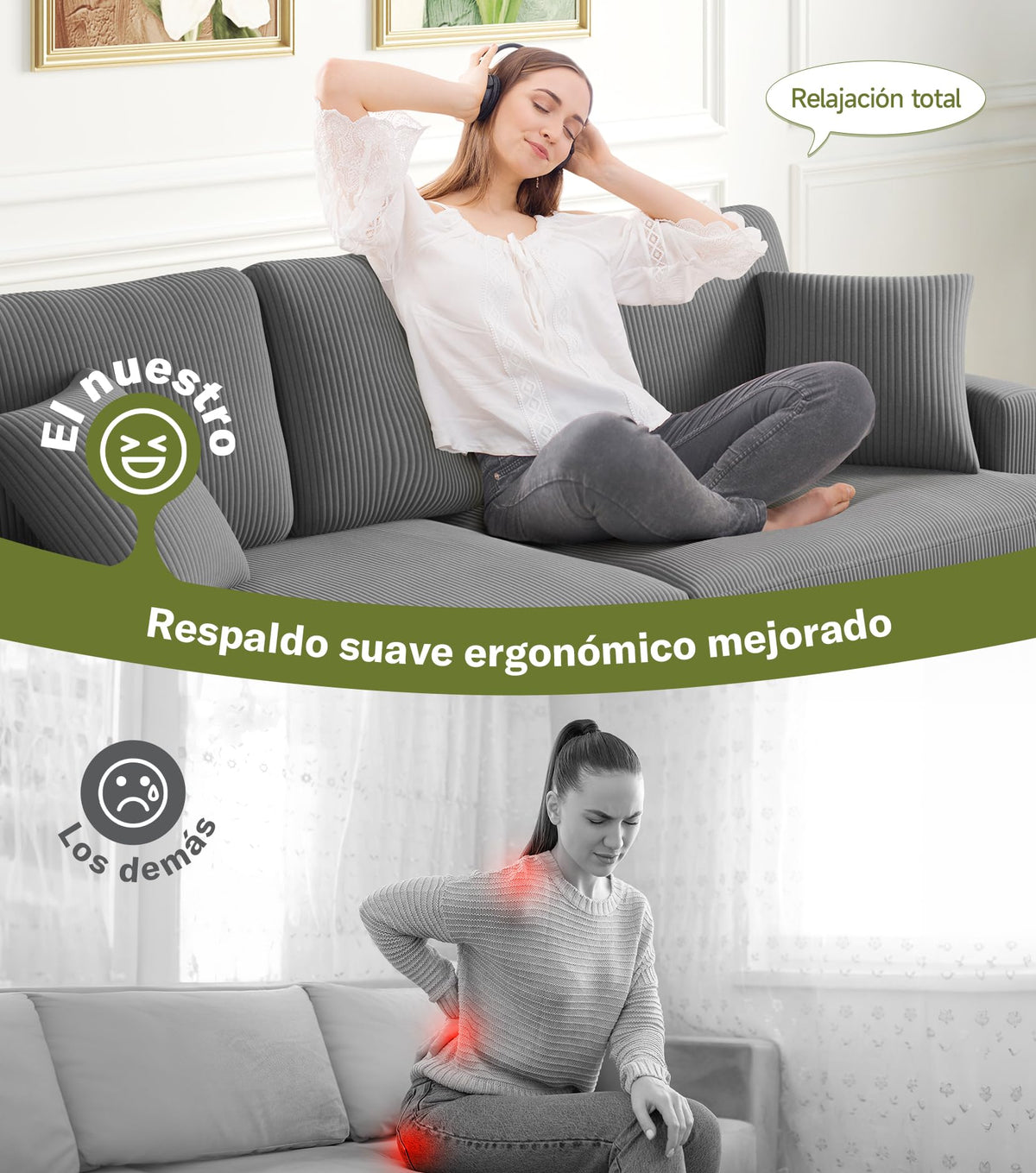 Kidirect Sofá de Pana de 3 plazas, 221 cm cómodo sofá de 53 cm Asientos Extra Profundos, sofá de salón Montaje sin Herramientas sofá Grande con 2 Cojines, sofá Moderno para Oficina,Verde Bosque