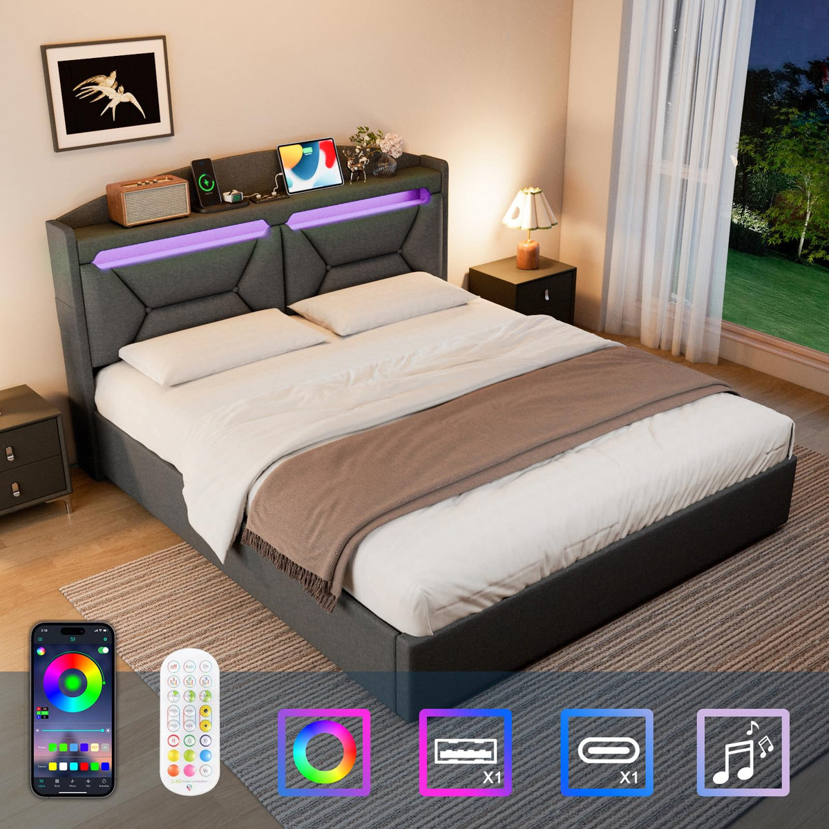 Cama 90x200 cm con Almacenamiento, Cama Individual con LED, Puertos USB y Type-C, Somier 90x200 Hidráulico, Camas Juveniles Camas Infantiles con Cabecero, Lino, Beige, Colchón No Incluido