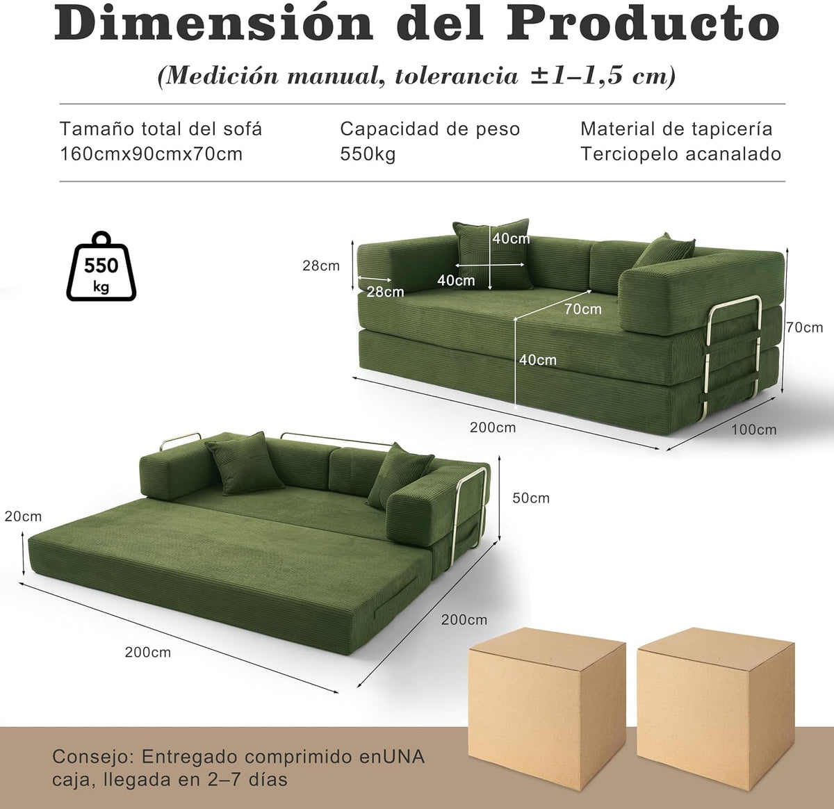 Vipbear Sofá Cama Pana 200×100×70 cm, sofá de Suelo transformable 5 en 1, Espuma de Alta Densidad, Apto para Mascotas y ergonómico, sin Montaje, Verde