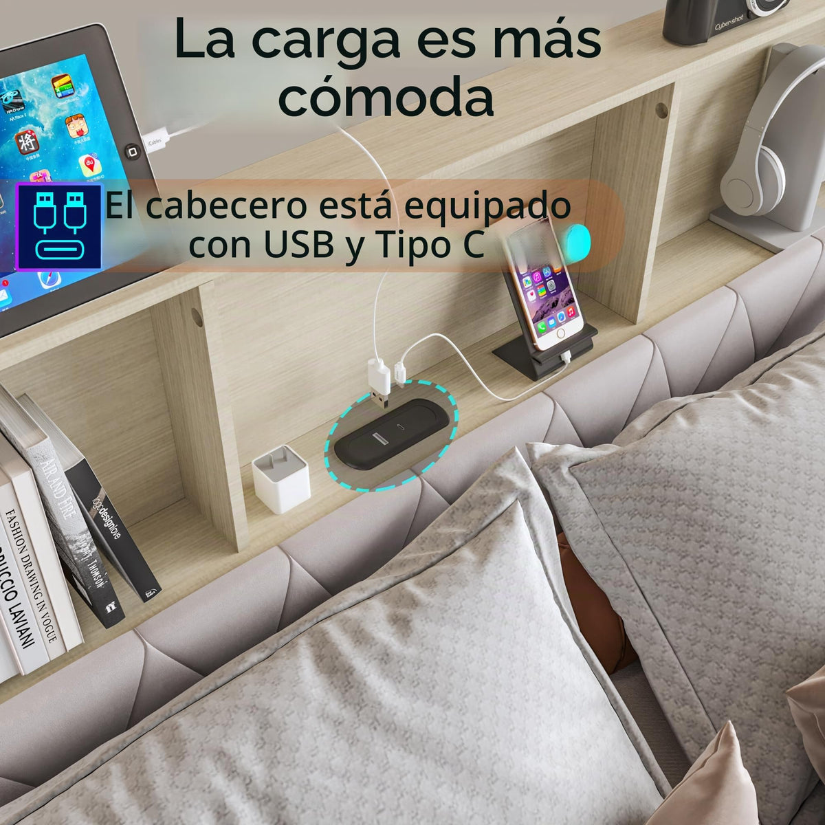 BRILVERDE Cama Tapizada 160x200 con Almacenamiento, Cama matrimonial con cajones, Cama Nido con LED, Cabecero Acolchado y Base de Láminas, Terciopelo (Beige, 160 x 200 cm)