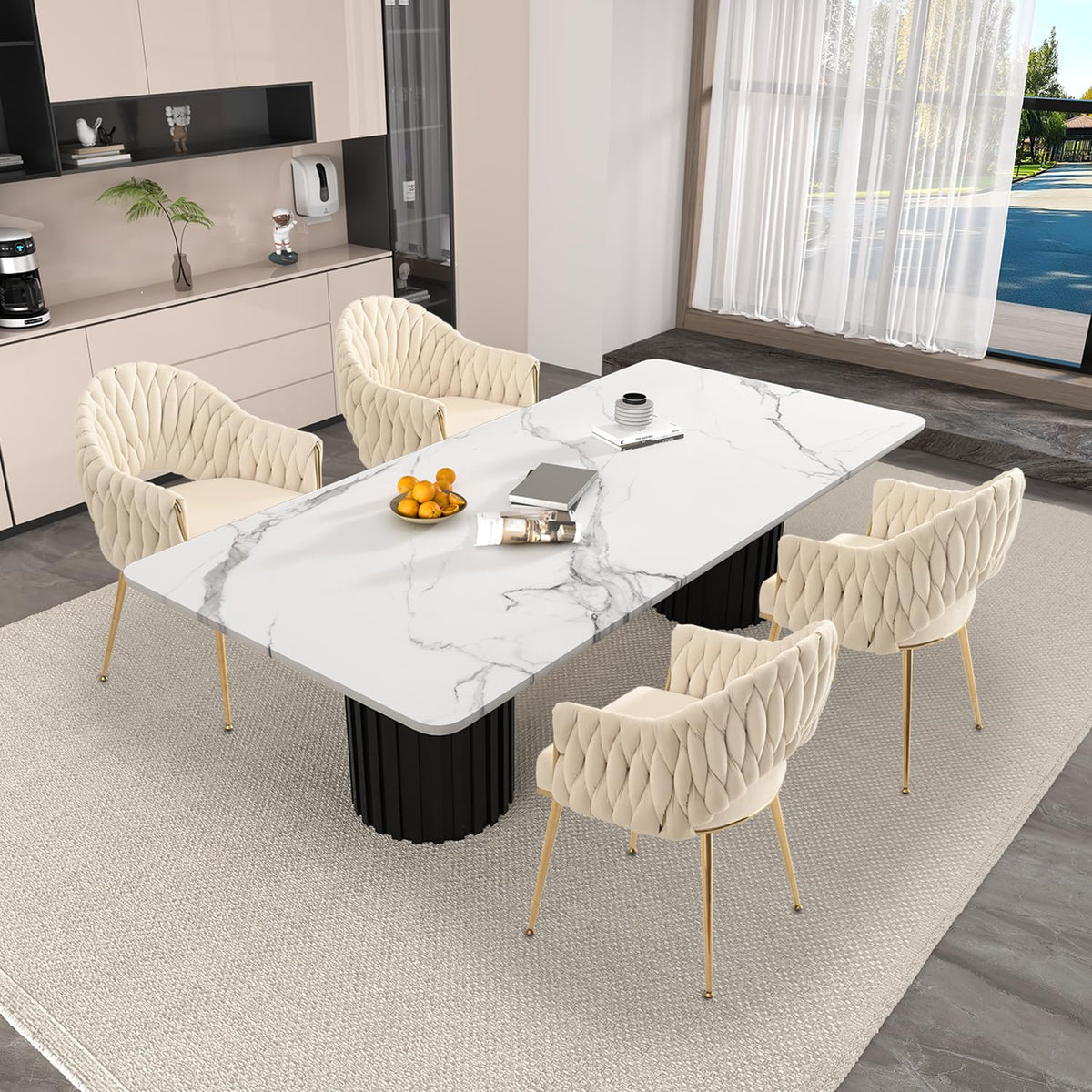 Juego de 4 sillas de comedor de terciopelo, sillones de salón, sillas de comedor con reposabrazos, sillas de cocina con respaldo alto trenzado a mano, silla de tocador con patas doradas