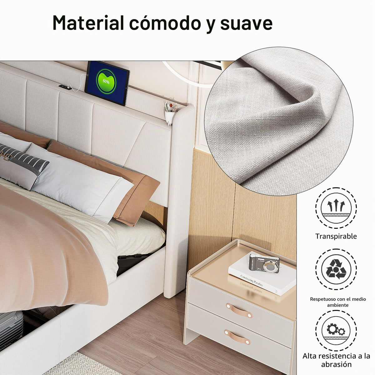 Cama tapizada de 160 x 200 cm, cama doble LED con espacio de almacenamiento, cabecero y función de carga USB C, cama de almacenamiento hidráulico, respaldo con somier de láminas de madera