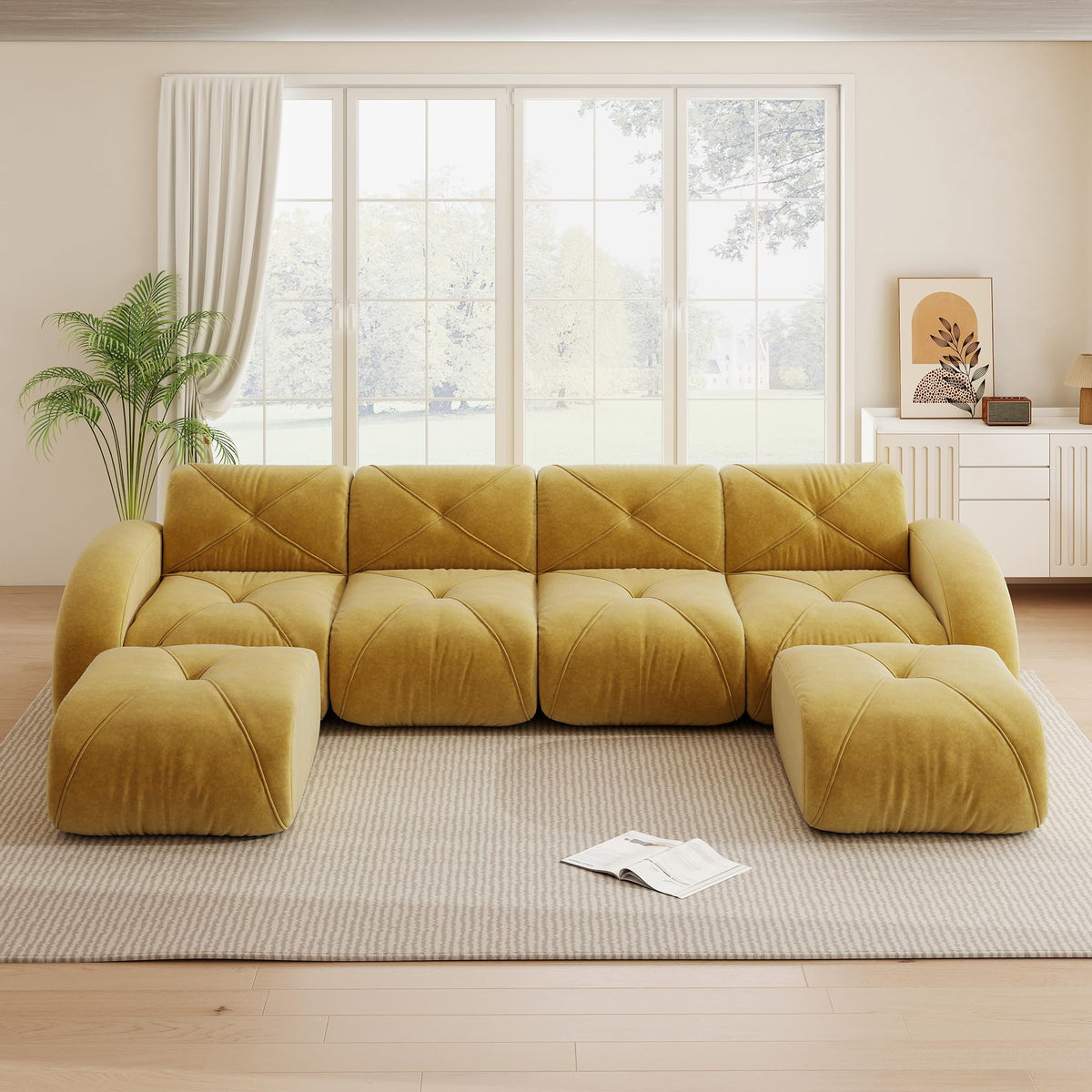 Sofá de esquina en forma de L de 4 plazas con reposapiés, sofá modular Cloud sin marcos de chenilla, sofá de estar suave, antideslizante, combinable de forma flexible, sin montaje, salón color