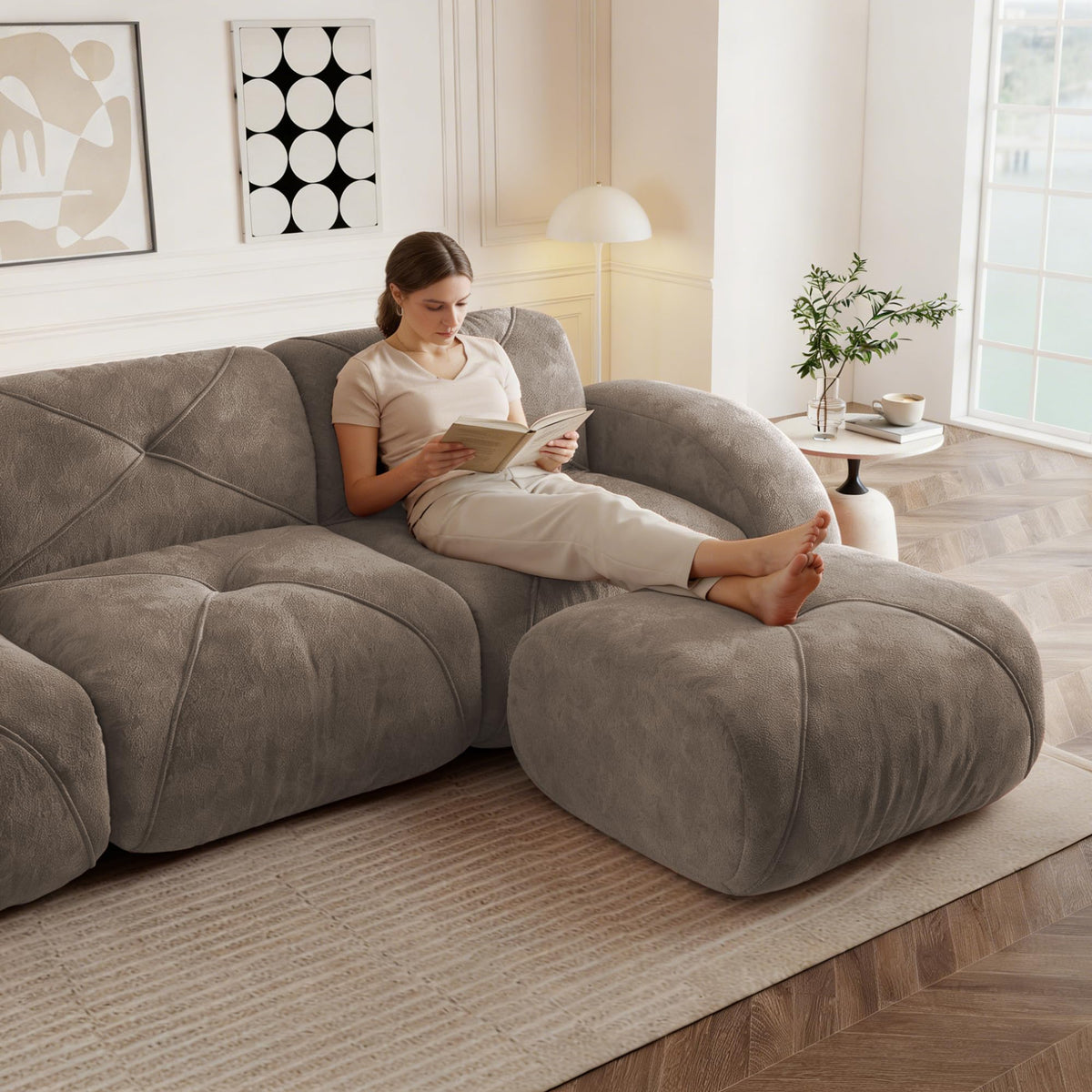 Sofá de esquina en forma de L de 4 plazas con reposapiés, sofá modular Cloud sin marcos de chenilla, sofá de estar suave, antideslizante, combinable de forma flexible, sin montaje, salón color
