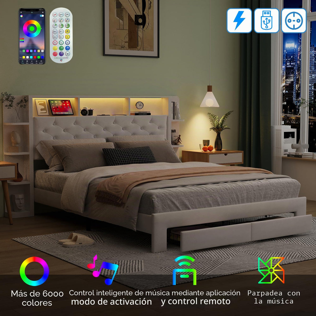 BRILVERDE Cama Tapizada 160x200 con Almacenamiento, Cama matrimonial con cajones, Cama Nido con LED, Cabecero Acolchado y Base de Láminas, Terciopelo (Beige, 160 x 200 cm)