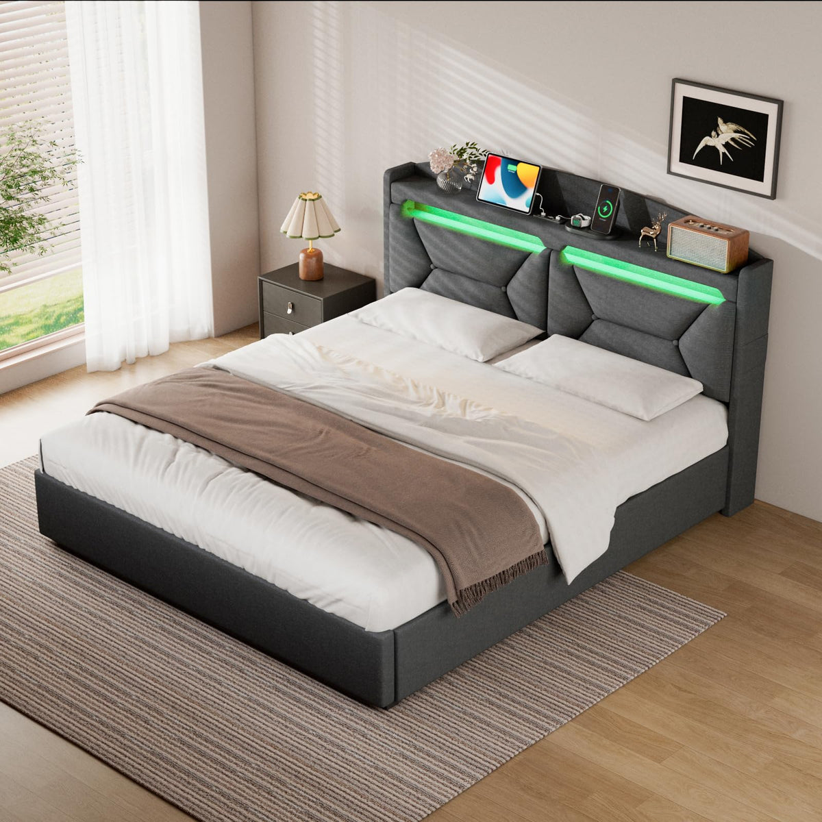 Cama 90x200 cm con Almacenamiento, Cama Individual con LED, Puertos USB y Type-C, Somier 90x200 Hidráulico, Camas Juveniles Camas Infantiles con Cabecero, Lino, Beige, Colchón No Incluido