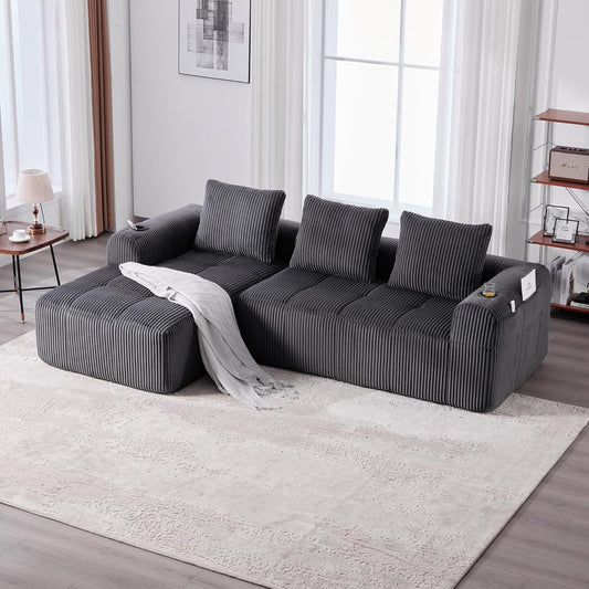Dolamaní Sofá compacto de 3 plazas de pana con 3 cojines, sofá esquinero en forma de L con función de dormir, suave y modular, asiento extraprofundo, sin montaje, para salón (gris oscuro)